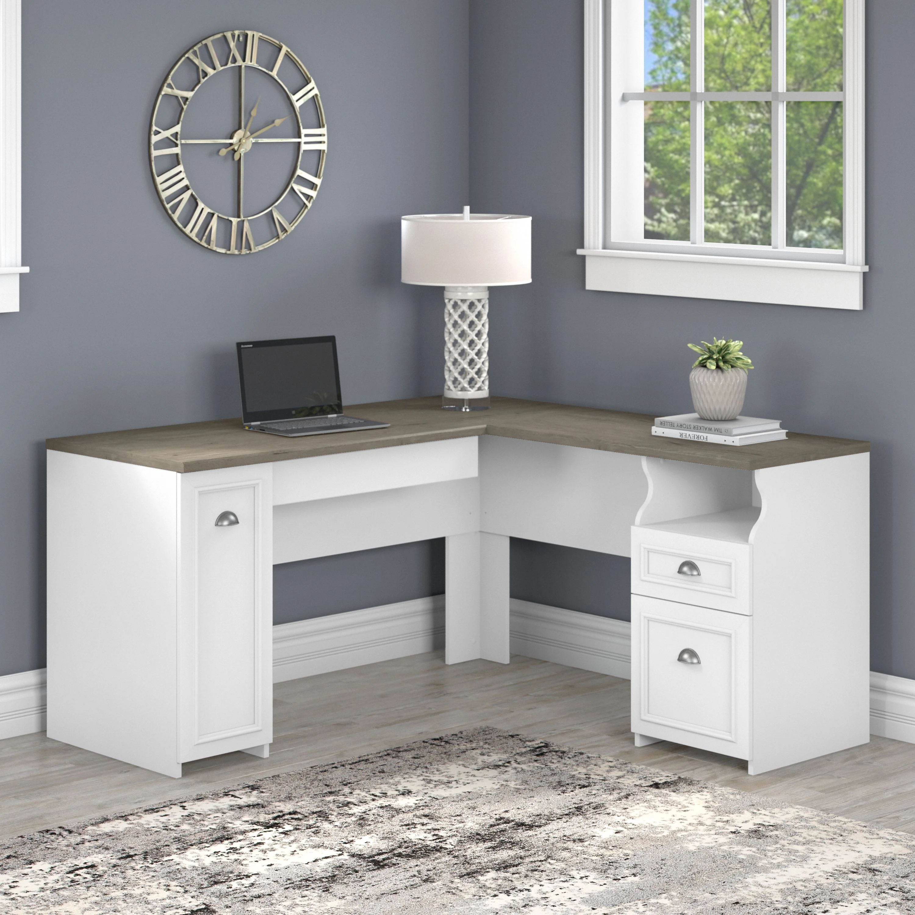 Fairview 60W L Shaped Desk with Drawers and Storage Cabinet
