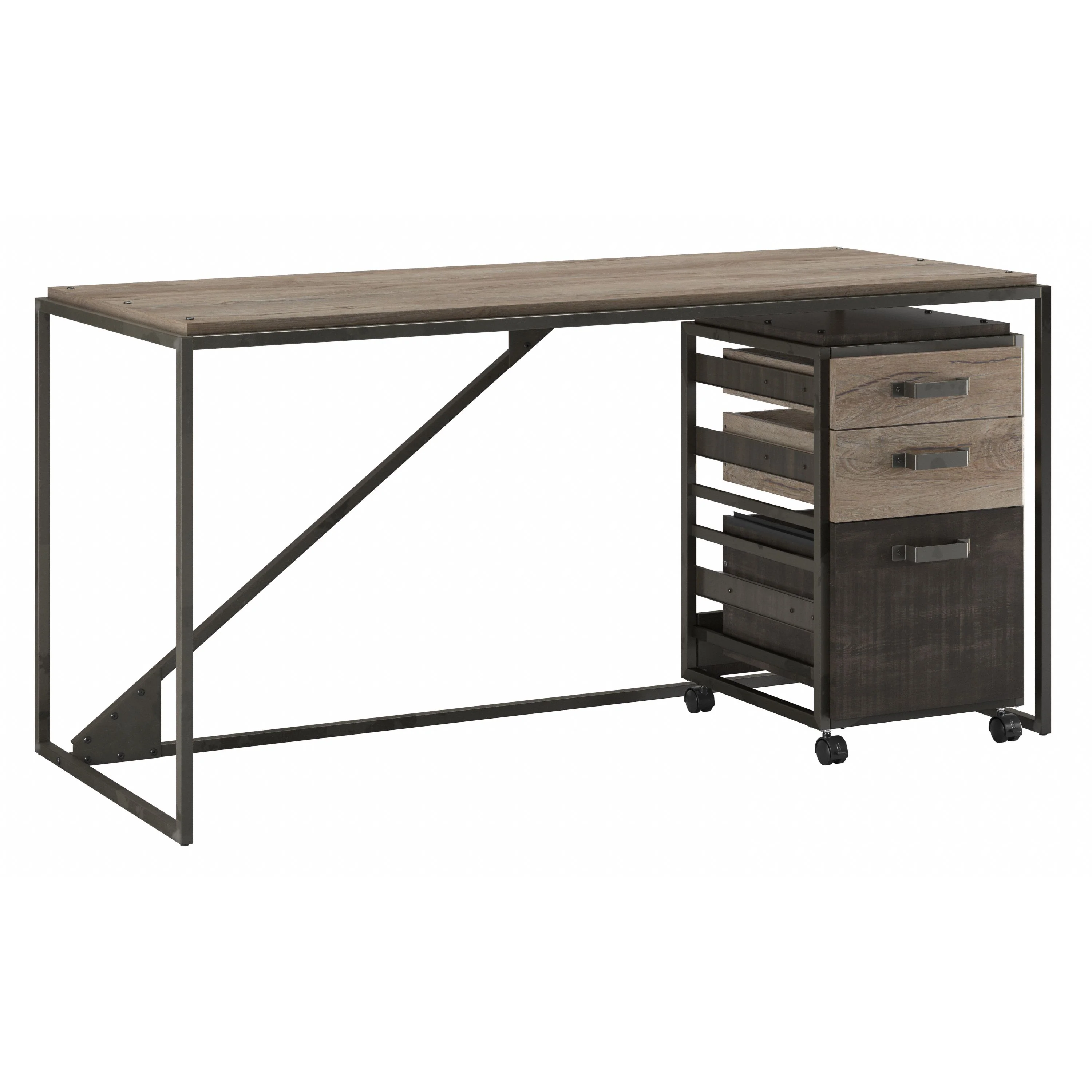 Refinery 62W Industrial Desk with 3 Drawer Mobile File Cabinet