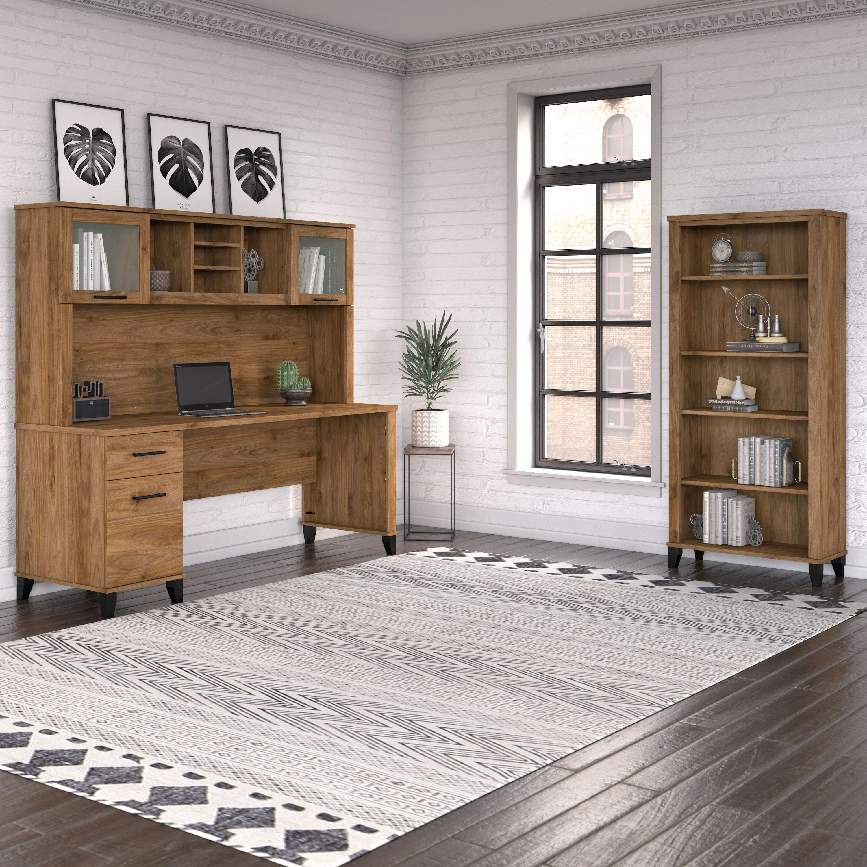 Somerset 72W Office Desk with Hutch and 5 Shelf Bookcase
