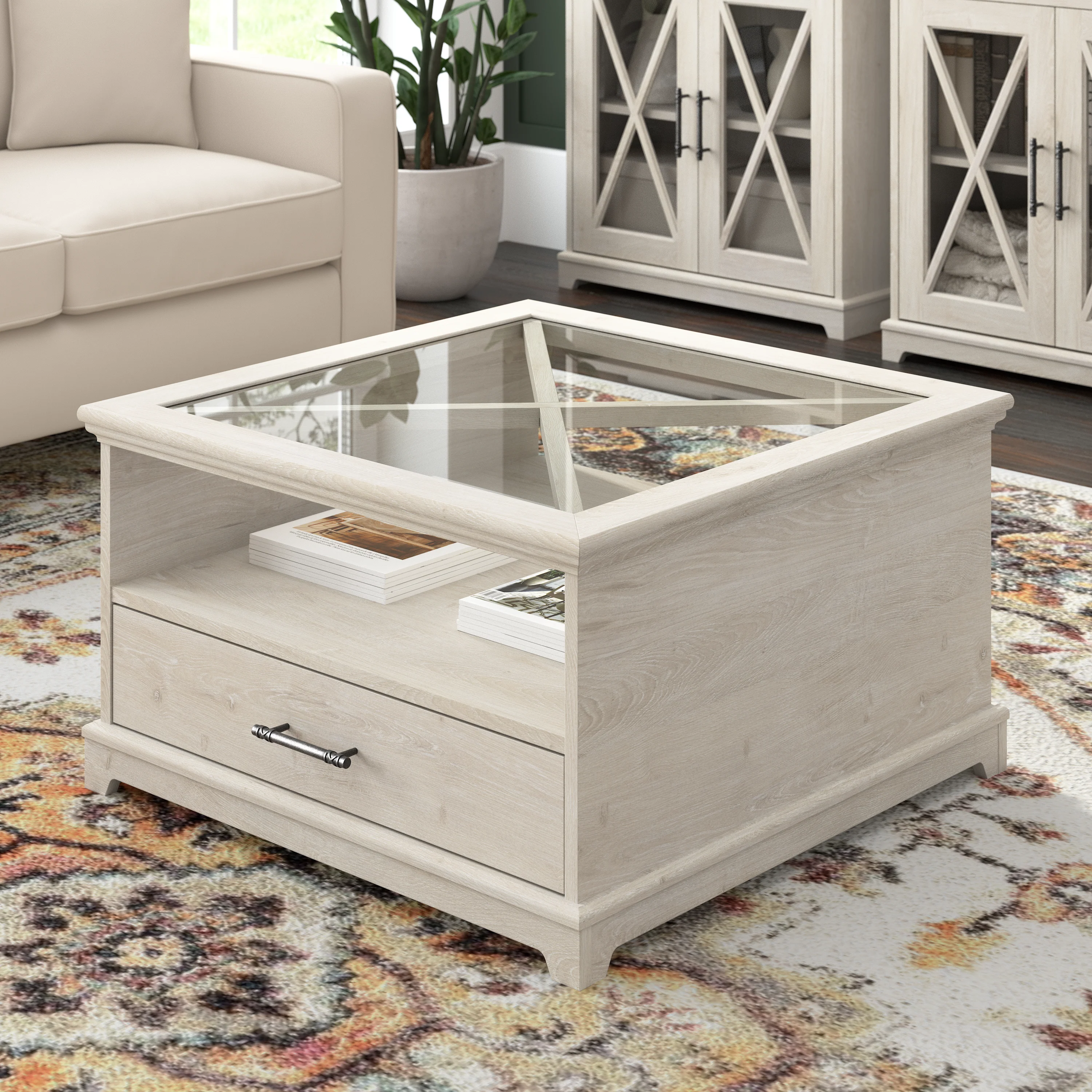 Lennox Farmhouse Glass Coffee Table with Storage