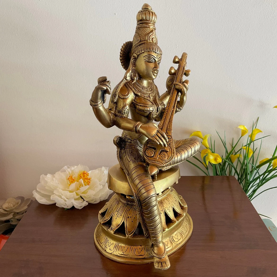 12 Inches Goddess Saraswati Brass Idol - Pooja Statue for Home - Festive Decor