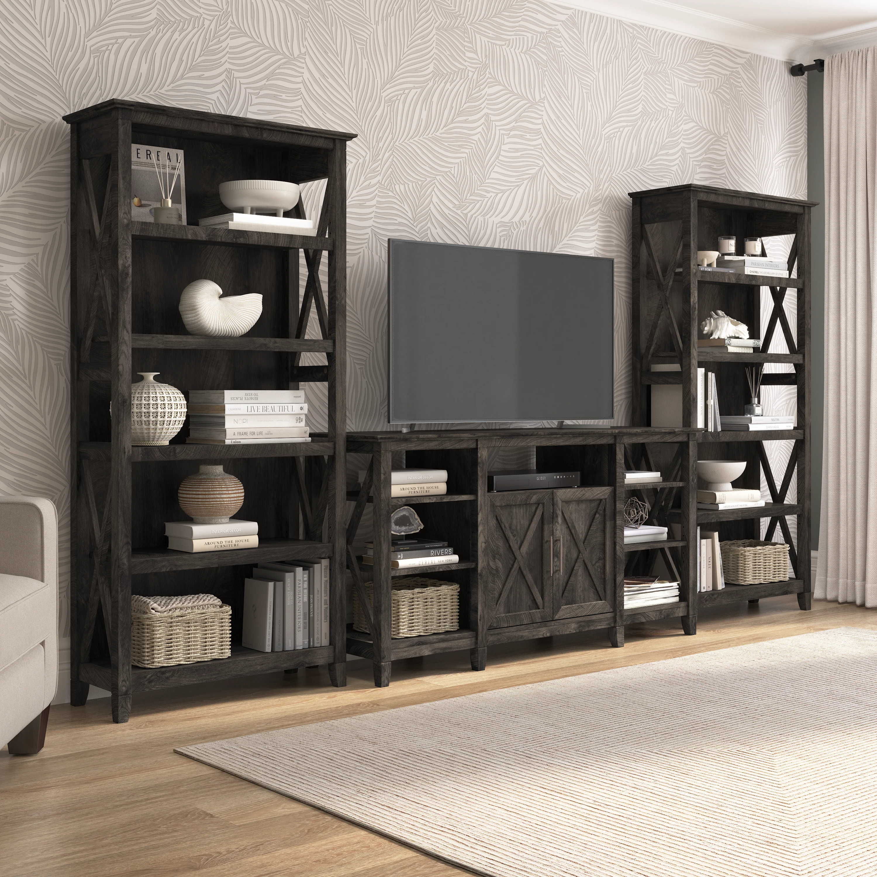 Key West Tall TV Stand with Set of 2 Bookcases