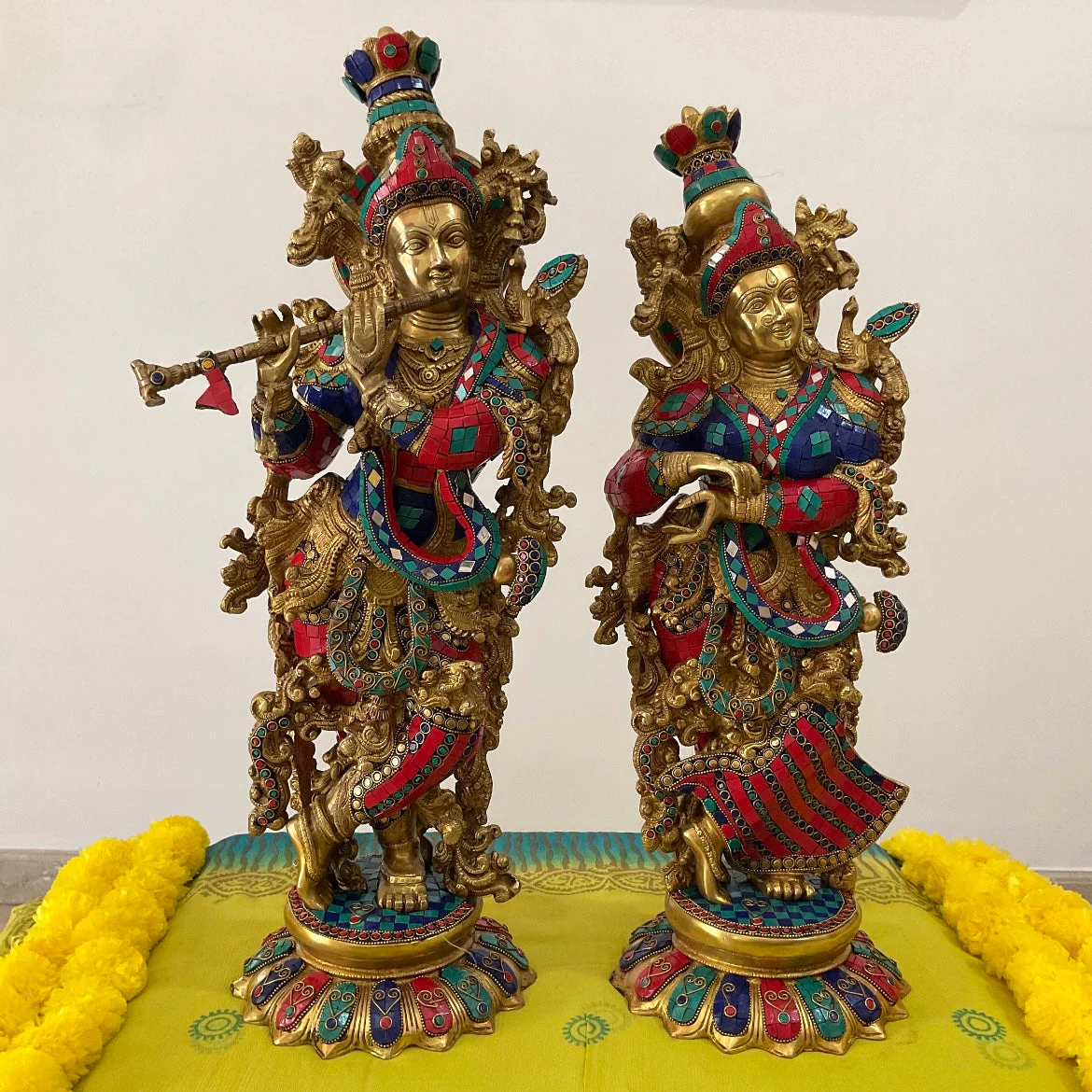 25 Inches Radha Krishna Idol Brass Stonework - Handmade Decorative Figurines
