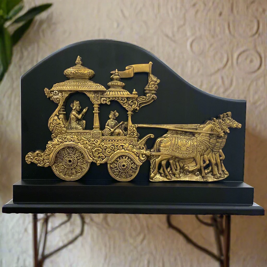 Krishna Arjun Rath Brass Wooden Table Decor - Traditional Office & Home Decor