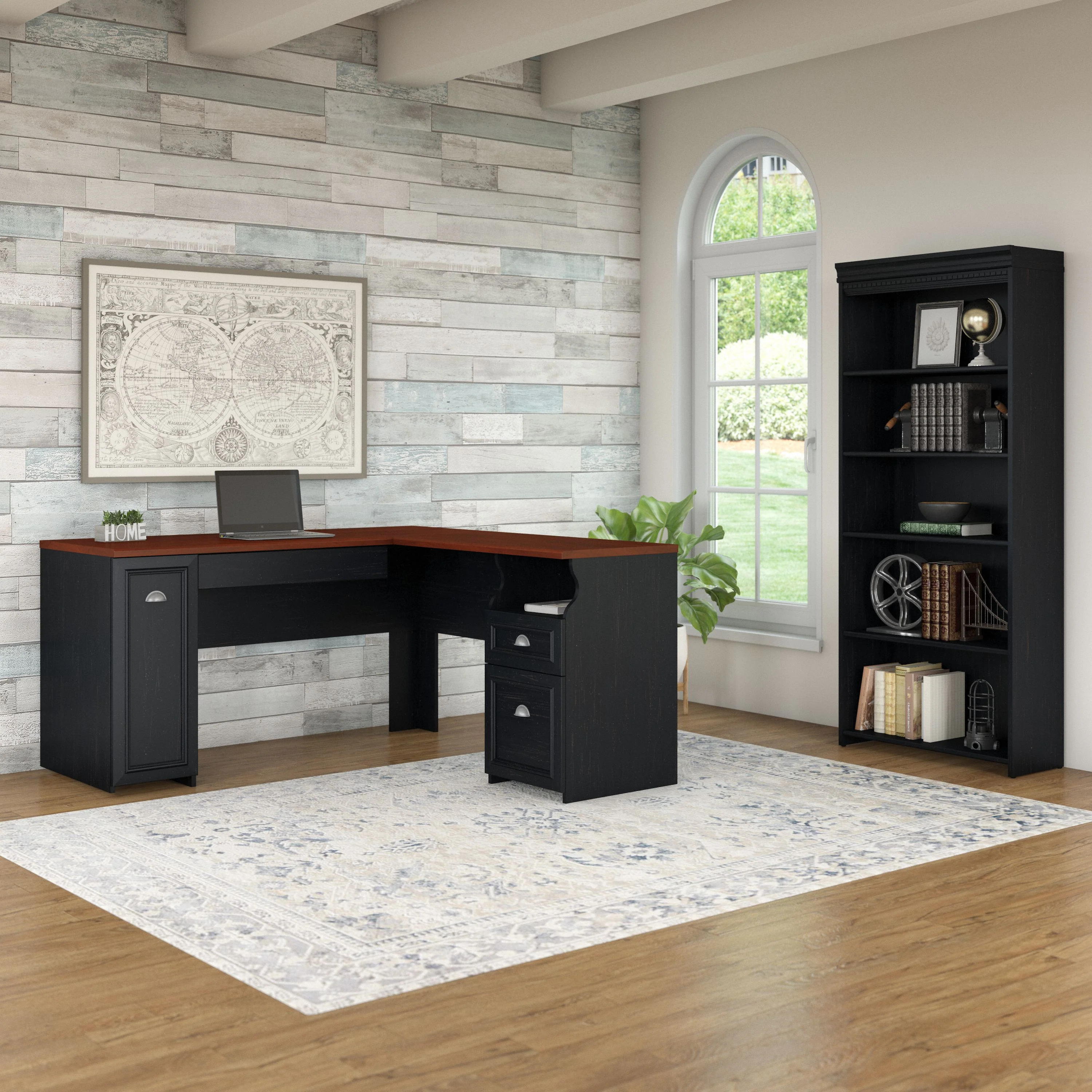 60W L Shaped Desk with 5 Shelf Bookcase