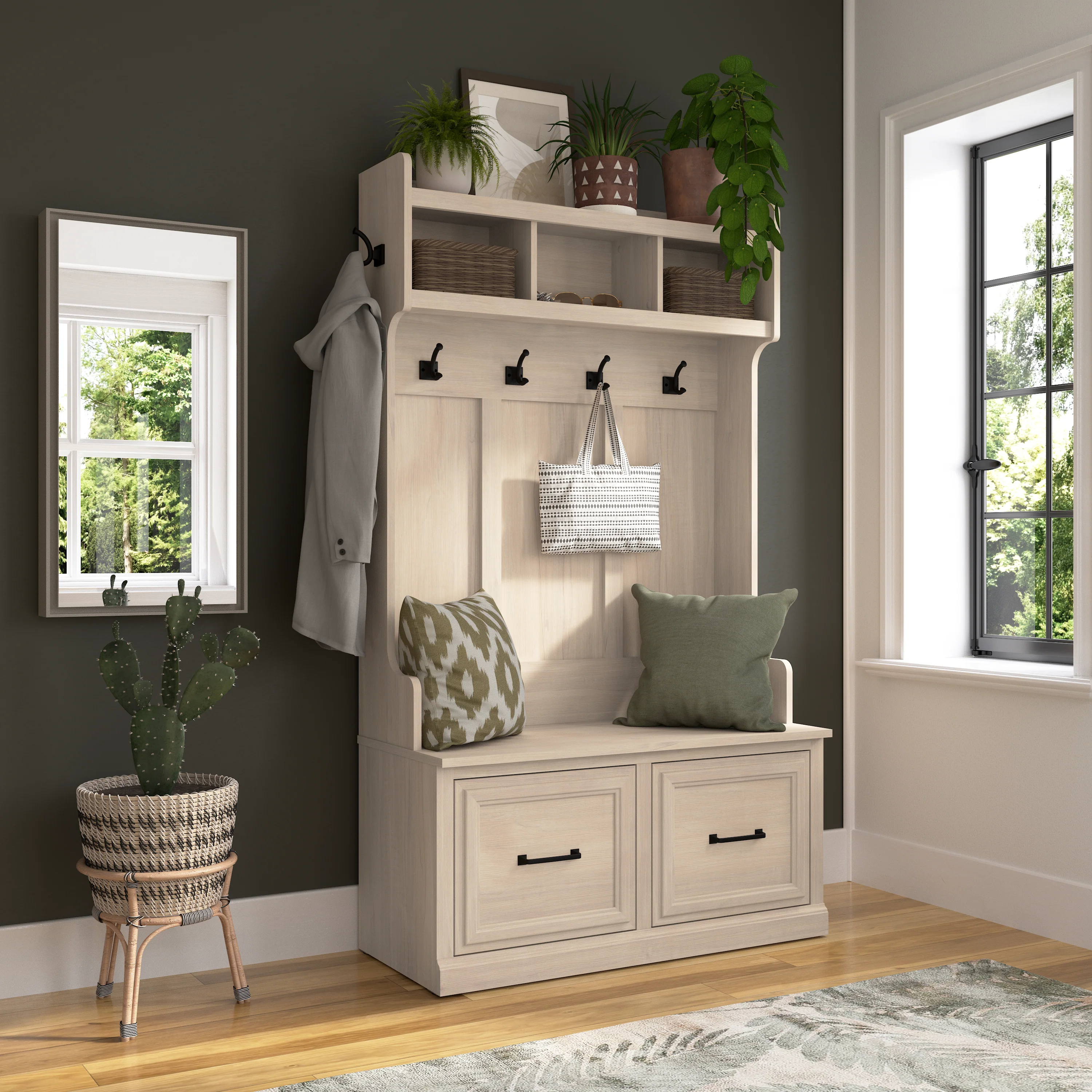 Woodland 40W Hall Tree and Shoe Storage Bench with Doors