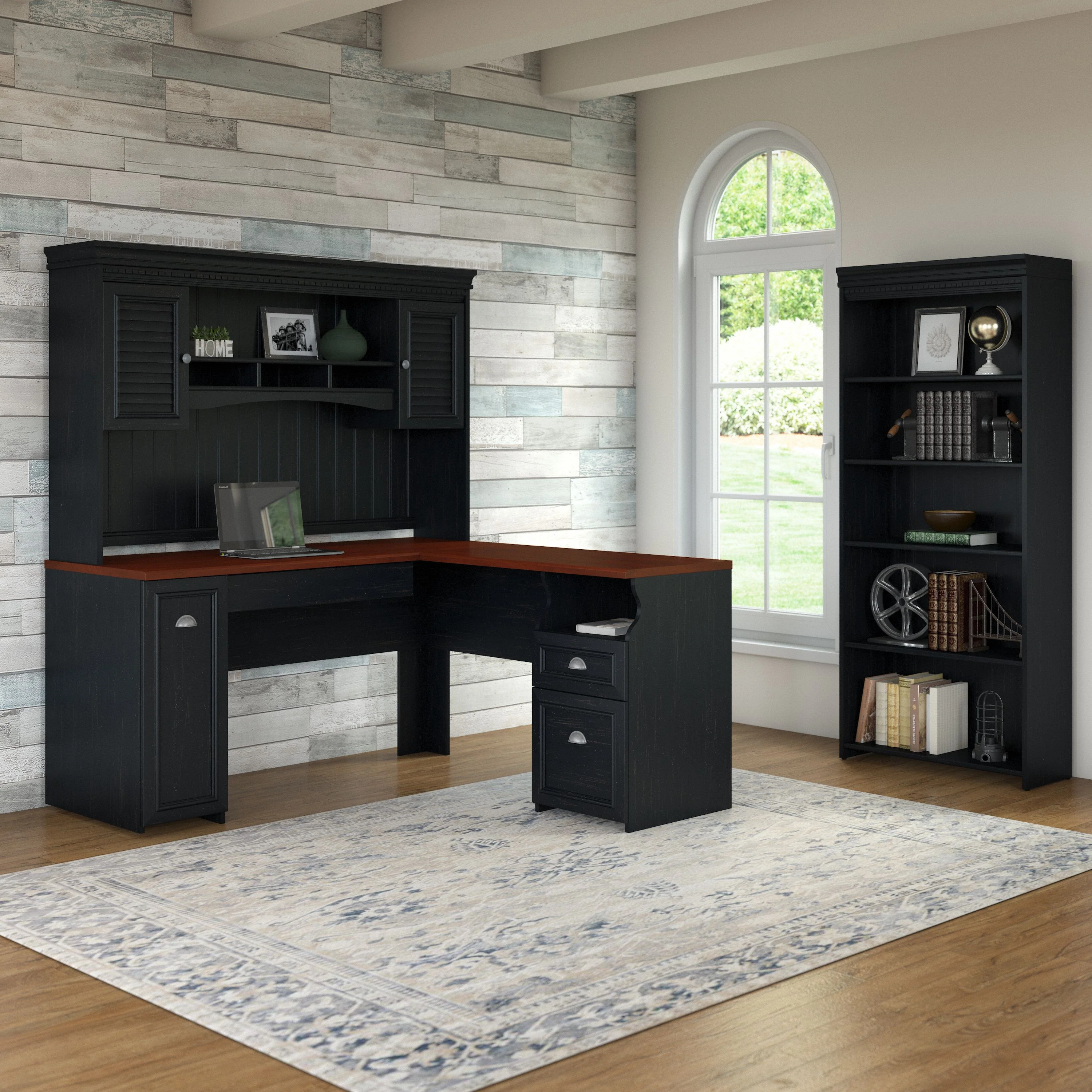 Fairview 60W L Shaped Desk with Hutch and 5 Shelf Bookcase