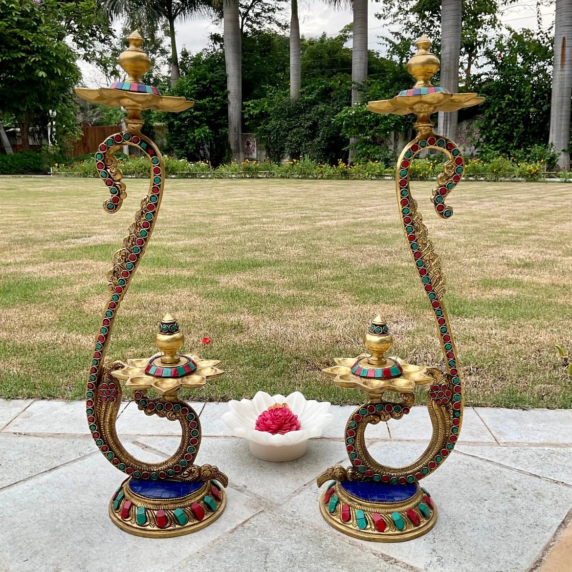 20 Inches Handmade Standing Brass Diya Lamp With Stonework (Set of 2)