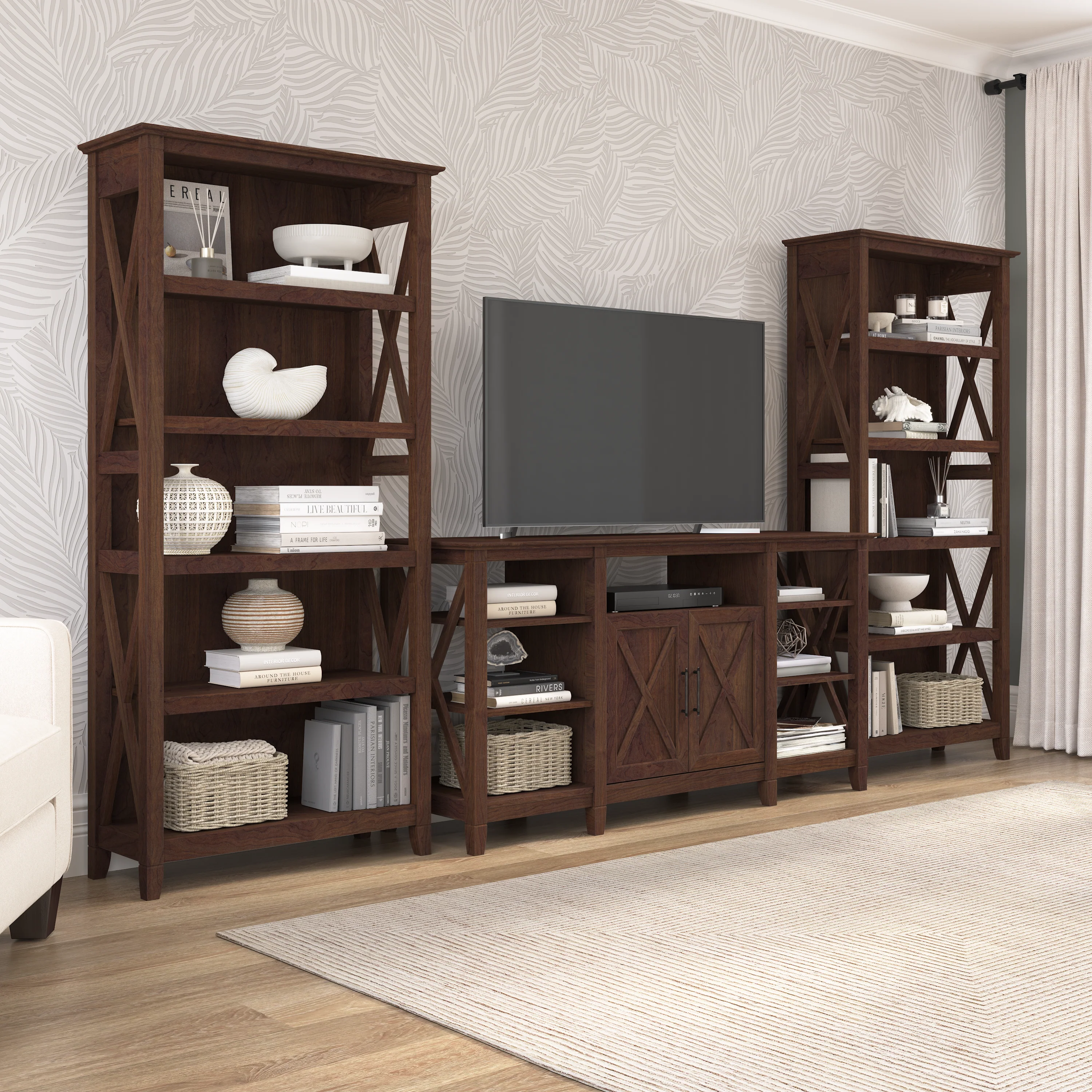 Key West Tall TV Stand with Set of 2 Bookcases