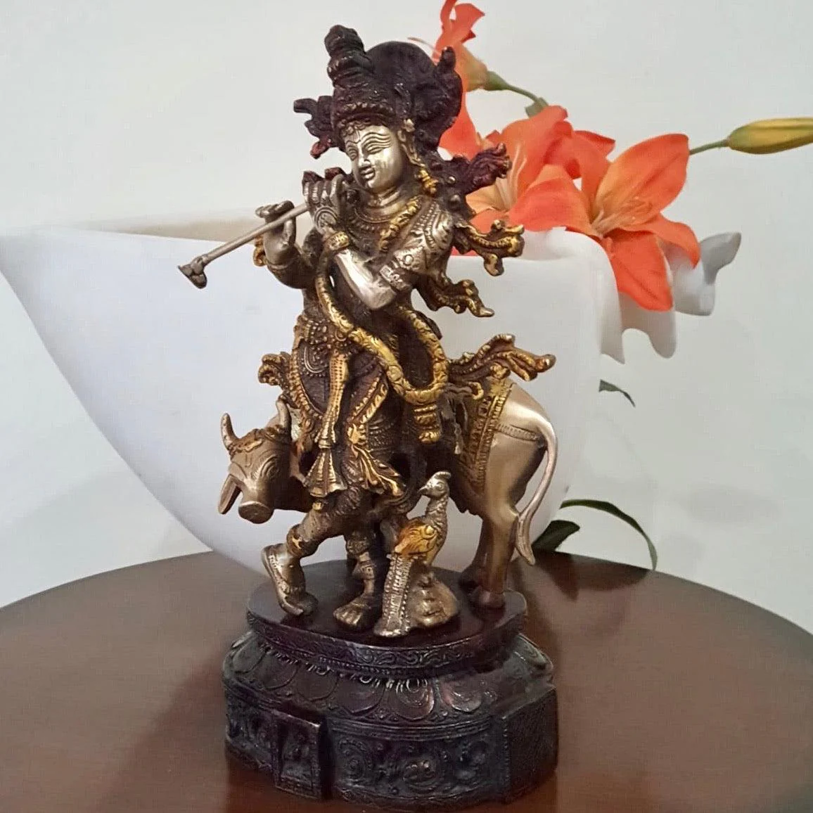 12 Inches Lord Krishna & Cow idol - Brass Lacquer Finish - Krishna Statue for Indian Decor
