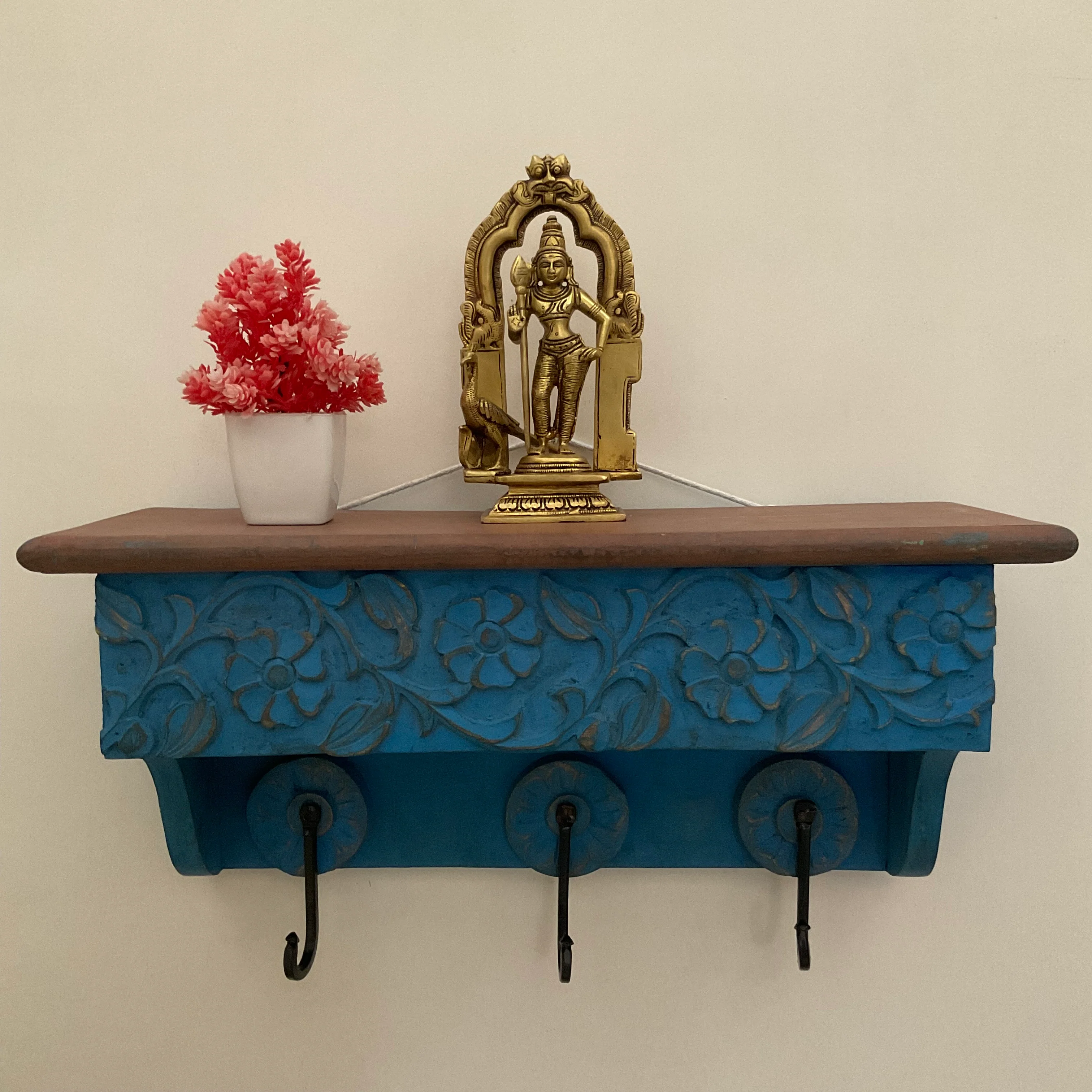 Distressed Wooded Blue Platform With Key Holder Wall Hanging Entryway Decor