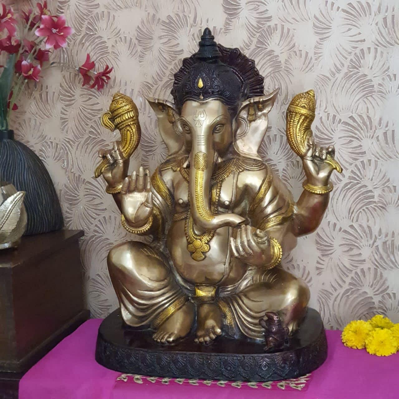 22 Inch Lord Ganesh Brass Idol - Ganpati Statue for Home Pooja And Entrance Decor