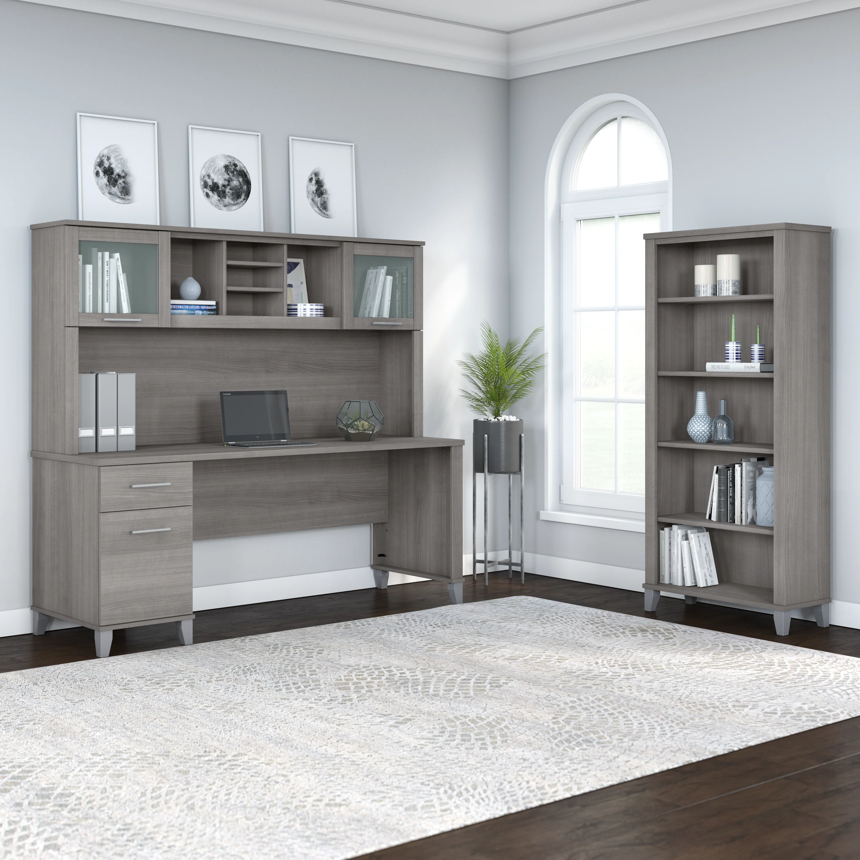 Somerset 72W Office Desk with Hutch and 5 Shelf Bookcase
