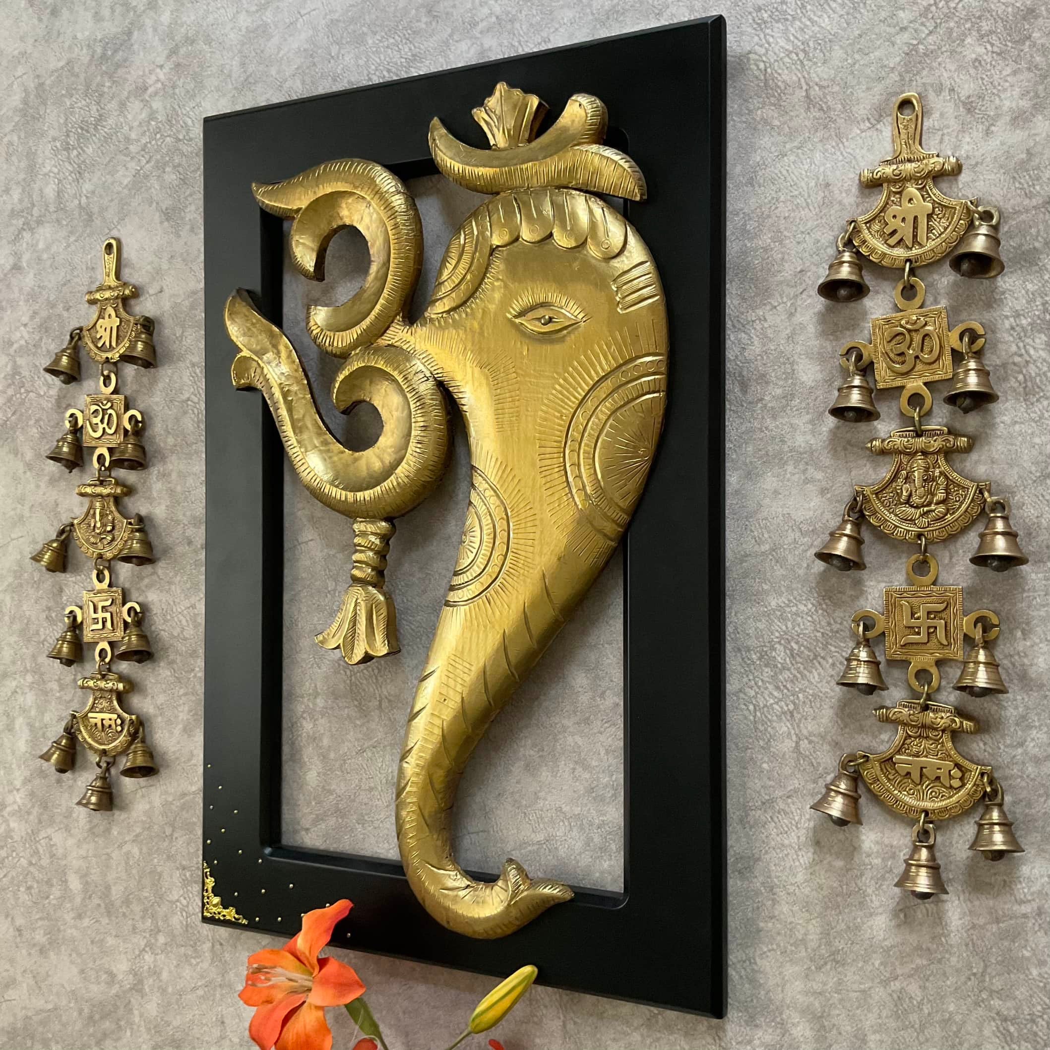 24 Inches Om Ganesha Wall Hanging with Bells (Set of 3) - Wall Decor