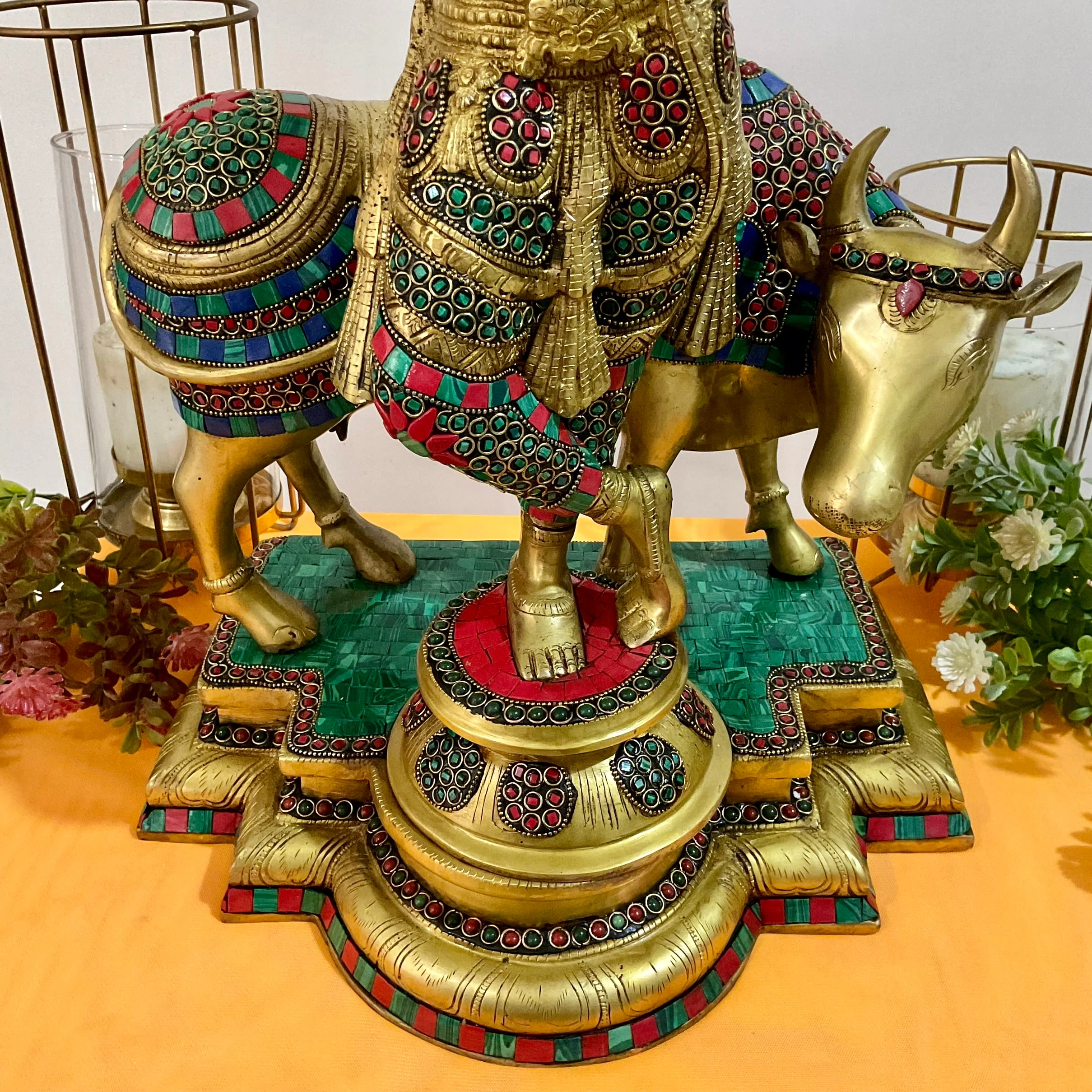 Lord Krishna Cow idol, 25 Inch Large Brass Stonework Statue for Home
