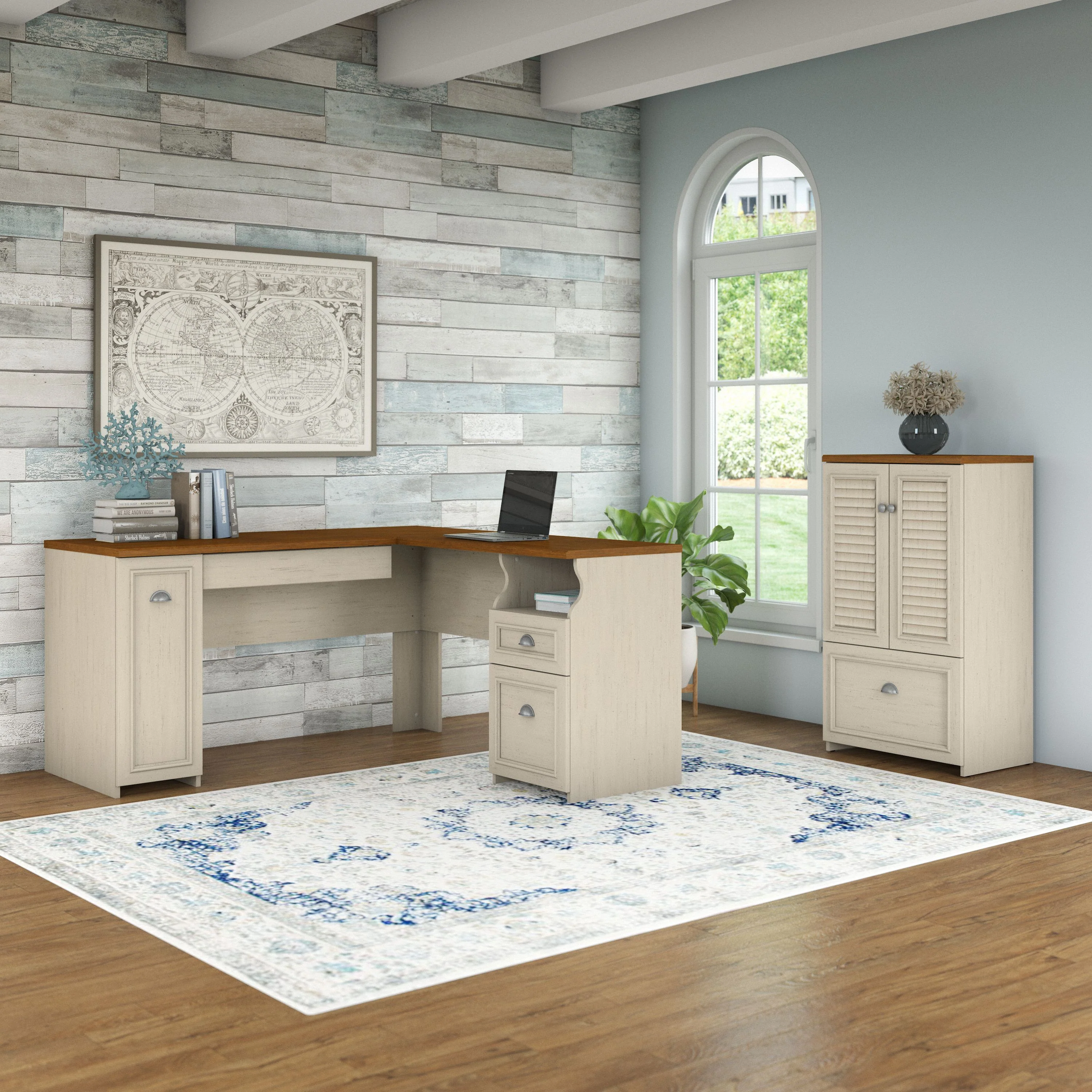 Fairview 60W L Shaped Desk and 2 Door Storage Cabinet with File Drawer