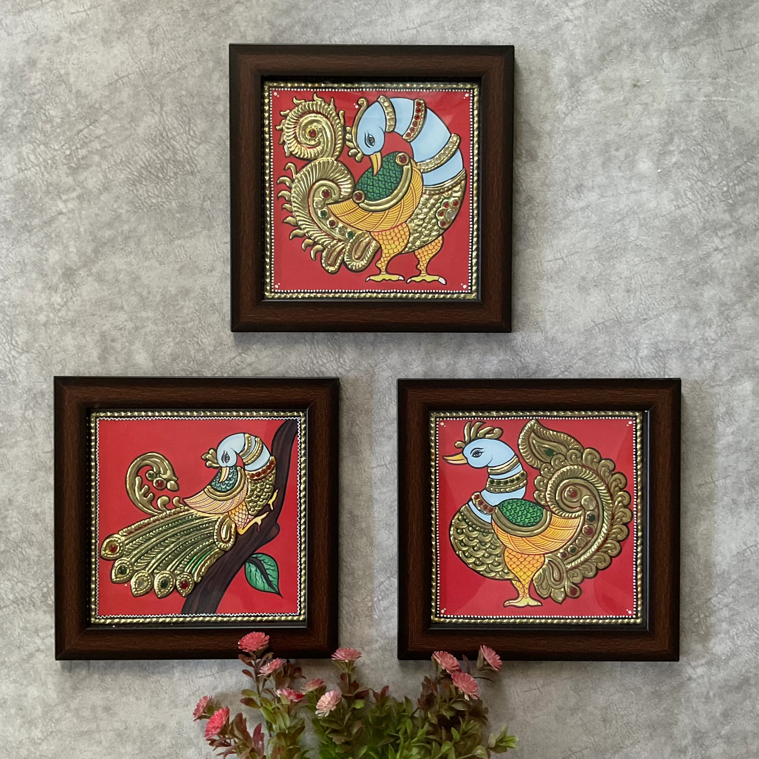 Bird Tanjore Painting (Set of 3) Traditional Wall Art