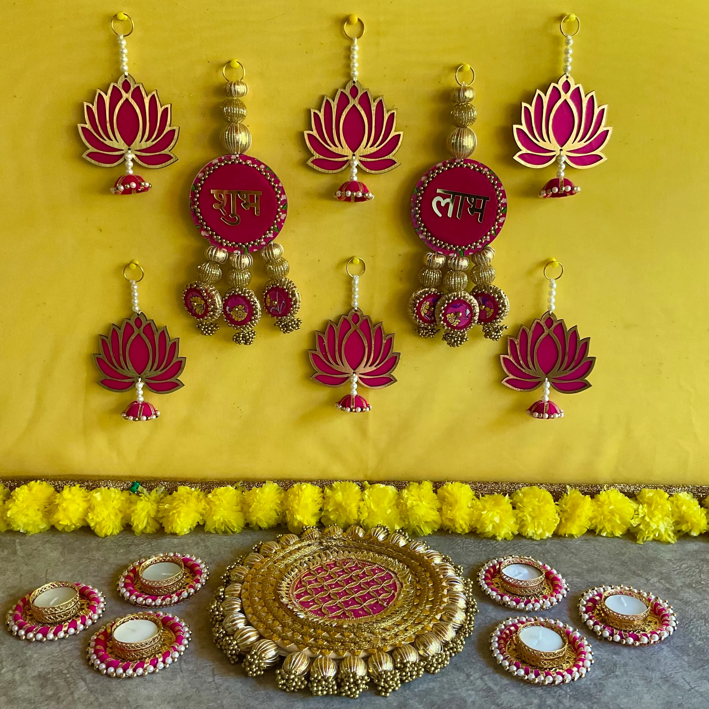 Shubh Labh, Lotus Hanging With Tea Light holder And Plate (Set of 15) Festive Decoration