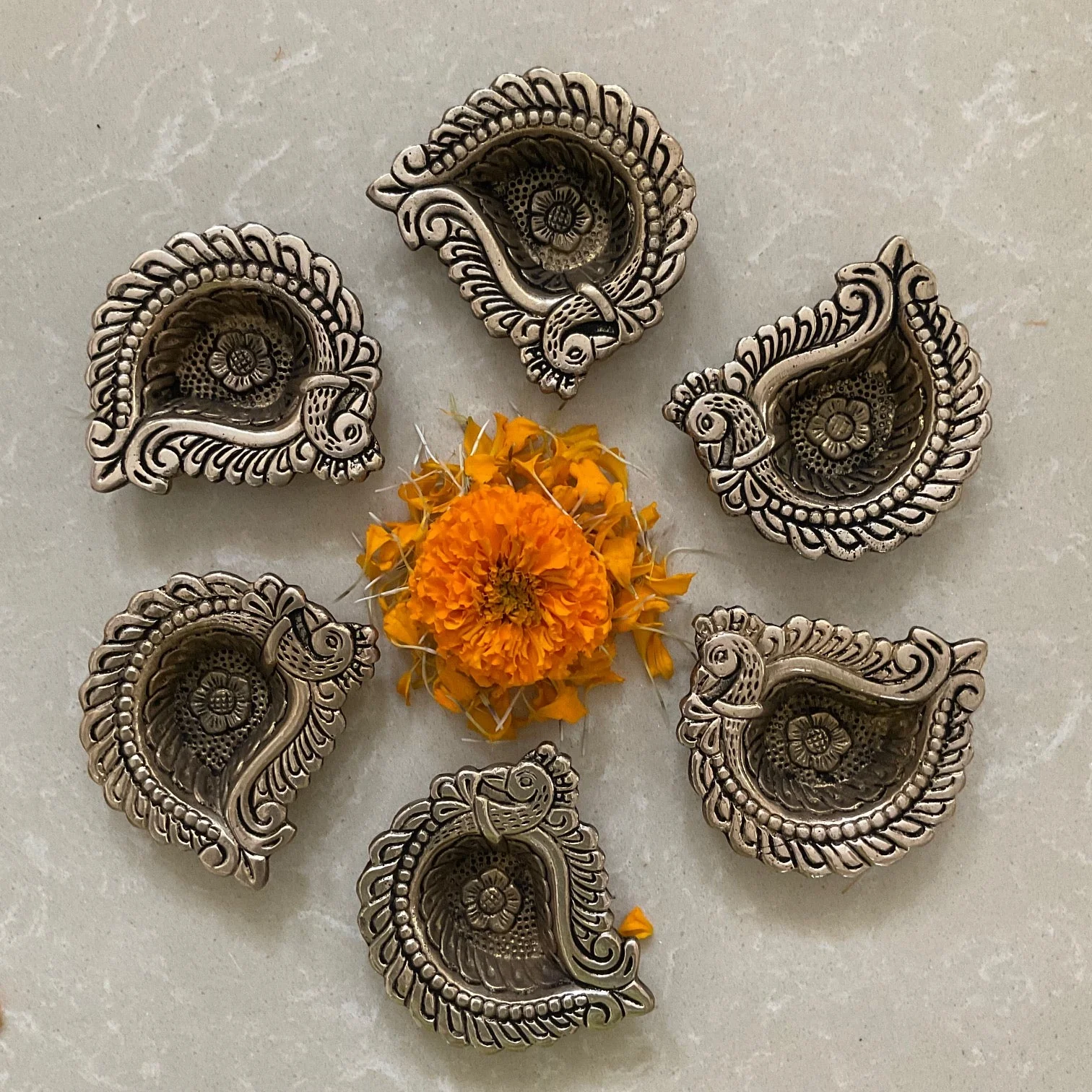 Small Peacock Diya Lamp (Set of 6) - Handmade Brass lamp - Brass Diya For Pooja