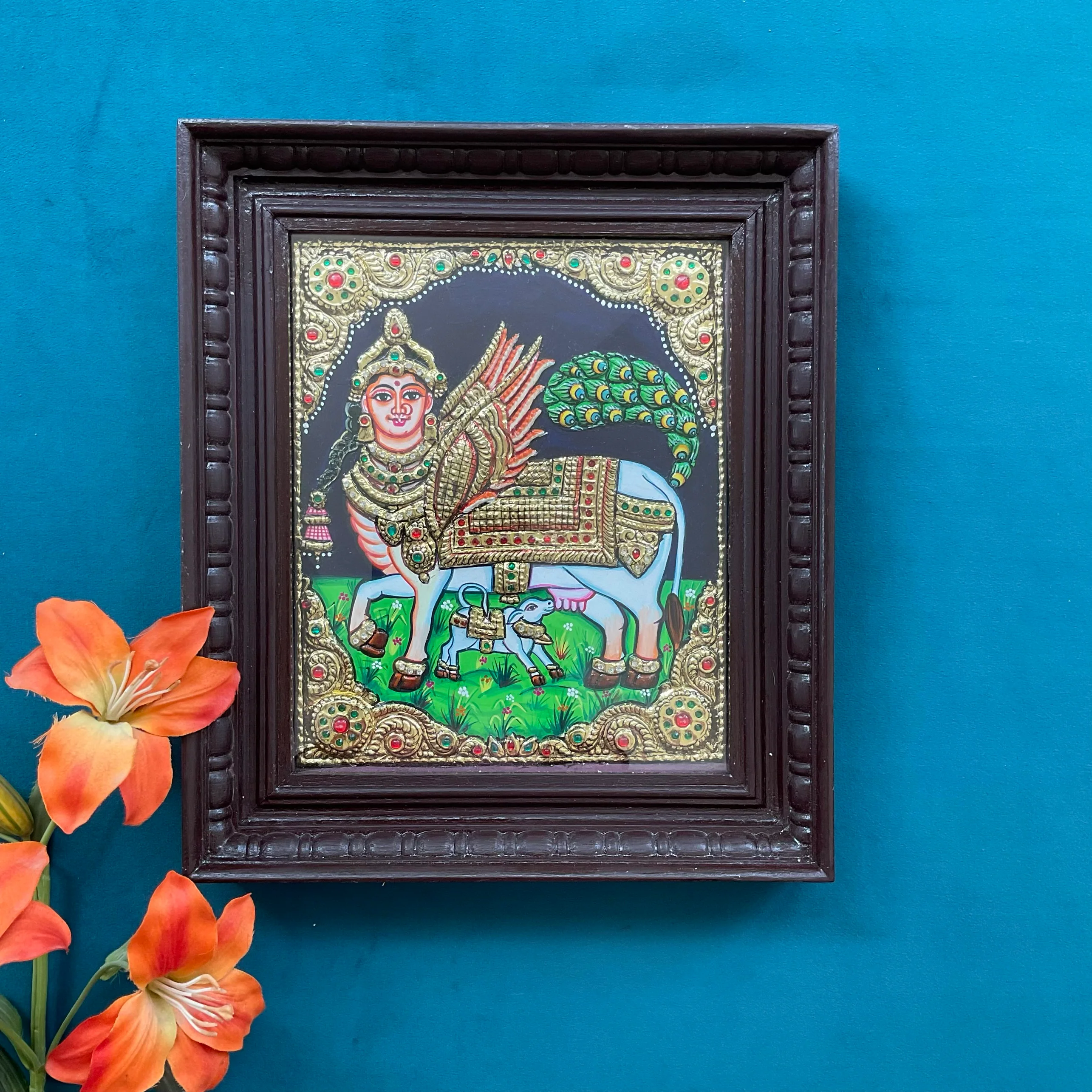 Kamdhenu Cow and Calf Tanjore Painting - Traditional Wall Art