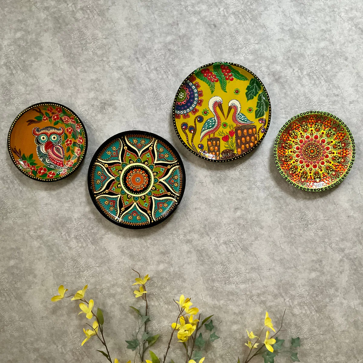 Mandala & Bird Colourful Handmade Dot Painting Wall Decor - Wall Plate Hanging - Set of 4