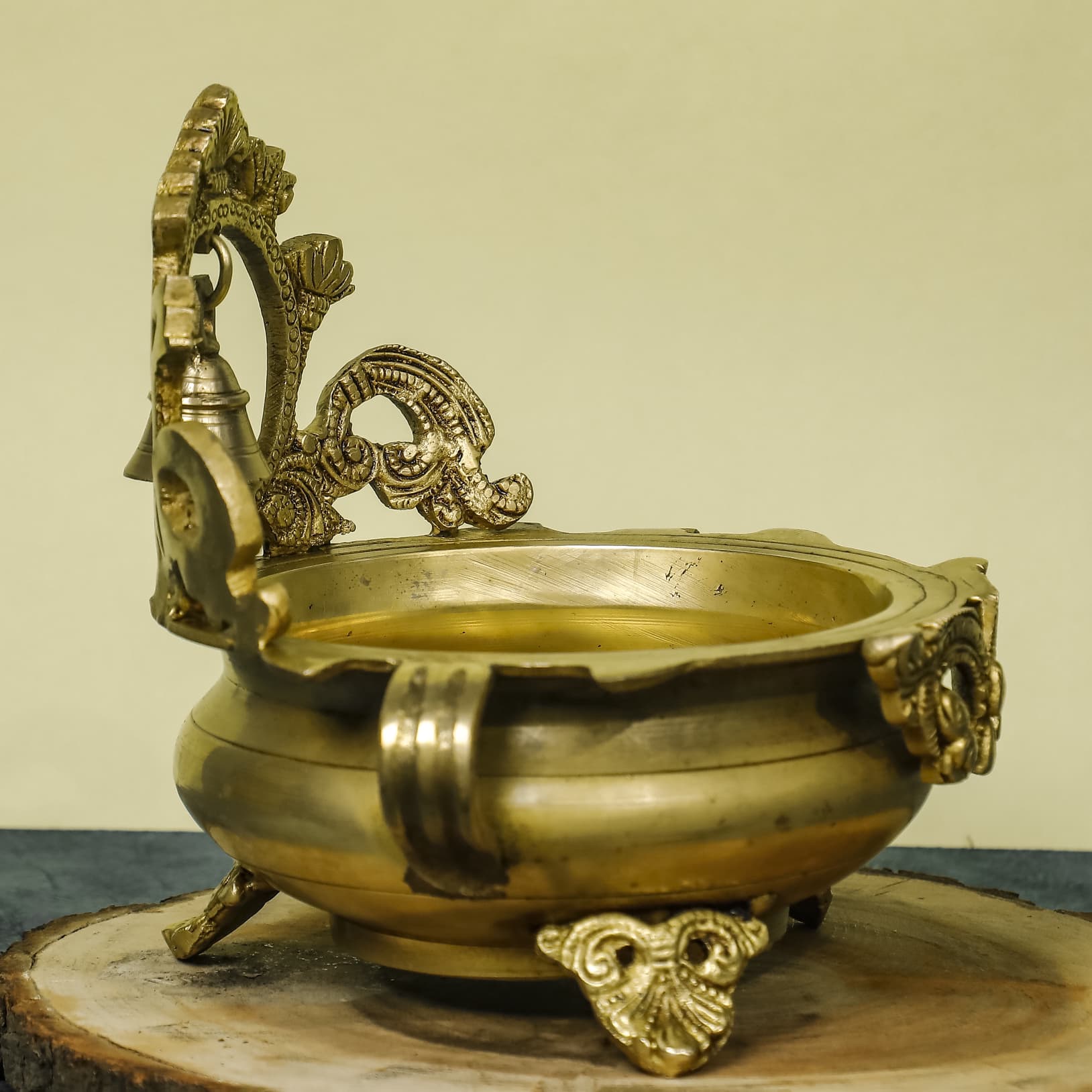 Brass Urli With Bell - 6 Inches Urli Bowl For Festive Decor