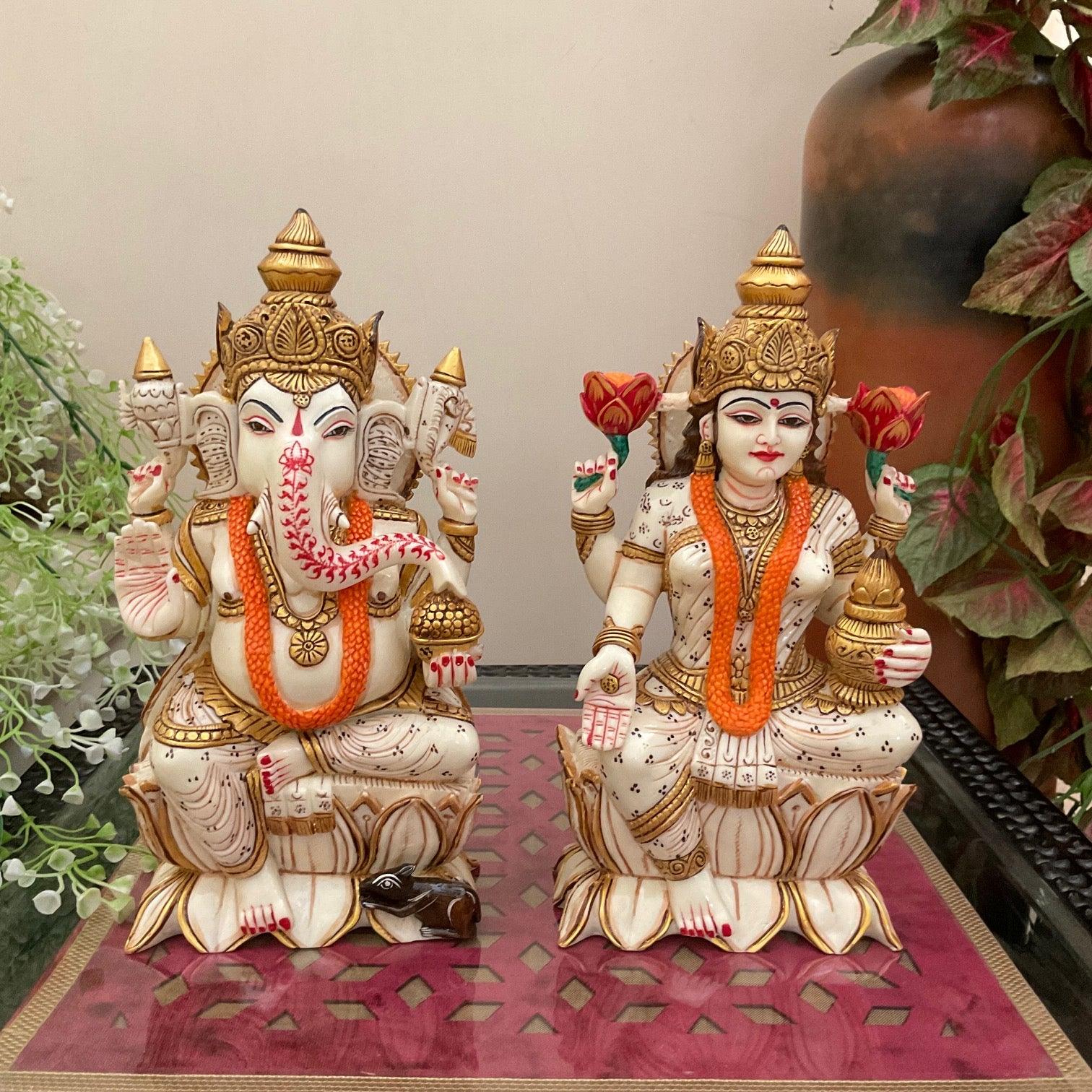 9 Inches Lakshmi Ganesha Marble Dust & Resin Idol -  Decorative Figurine