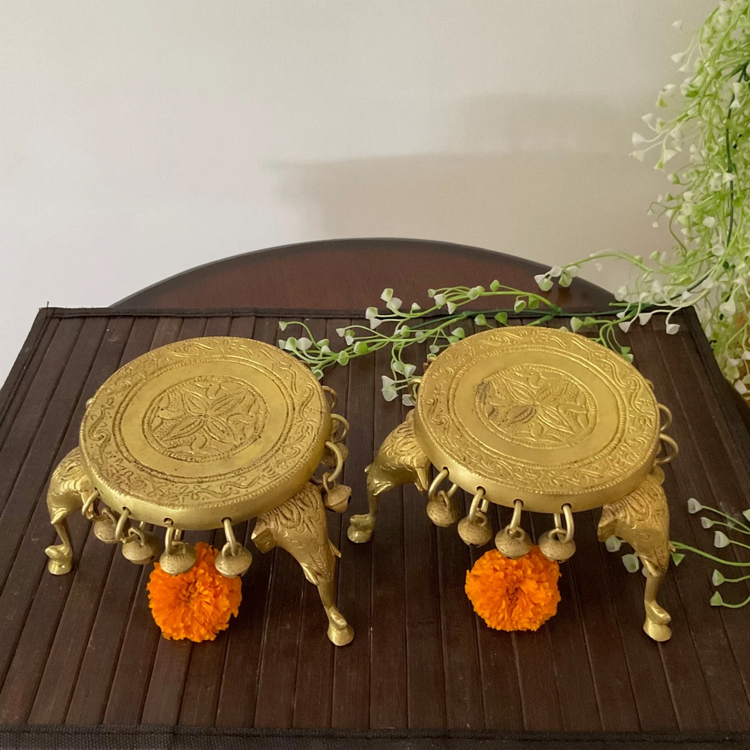 Elephant Brass Chowki With Bells For Idols And Pooja (Set of 2)