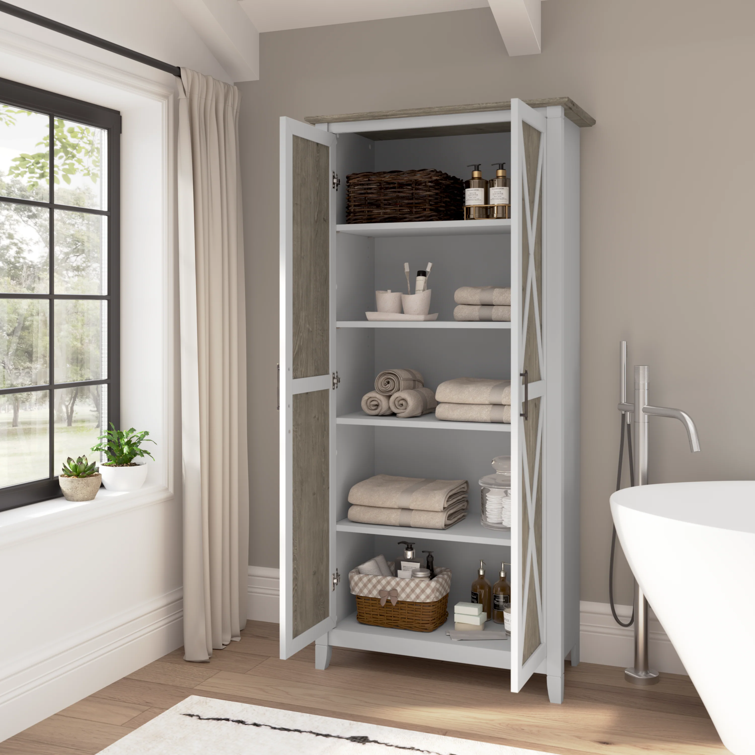 Key West Tall Bathroom Cabinet with Doors and Shelves