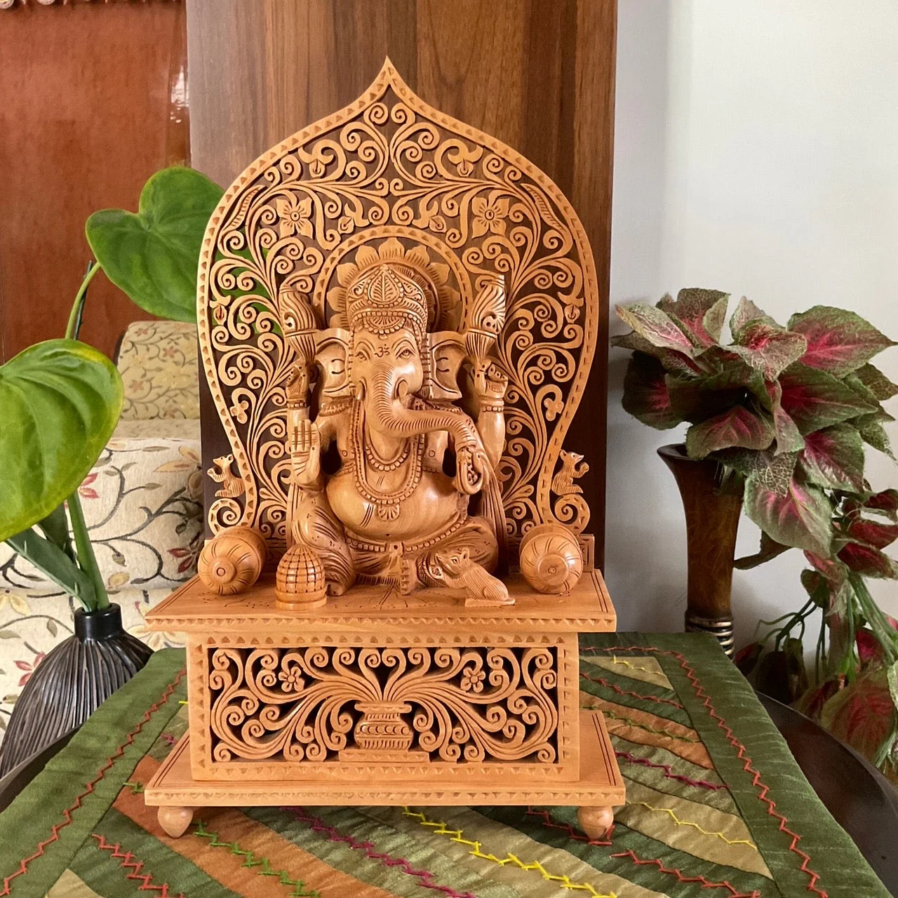 Wooden Ganesh Idol, 14 Inch Ganpati On Singhasan Statue for Home Decor - Housewarming Gift
