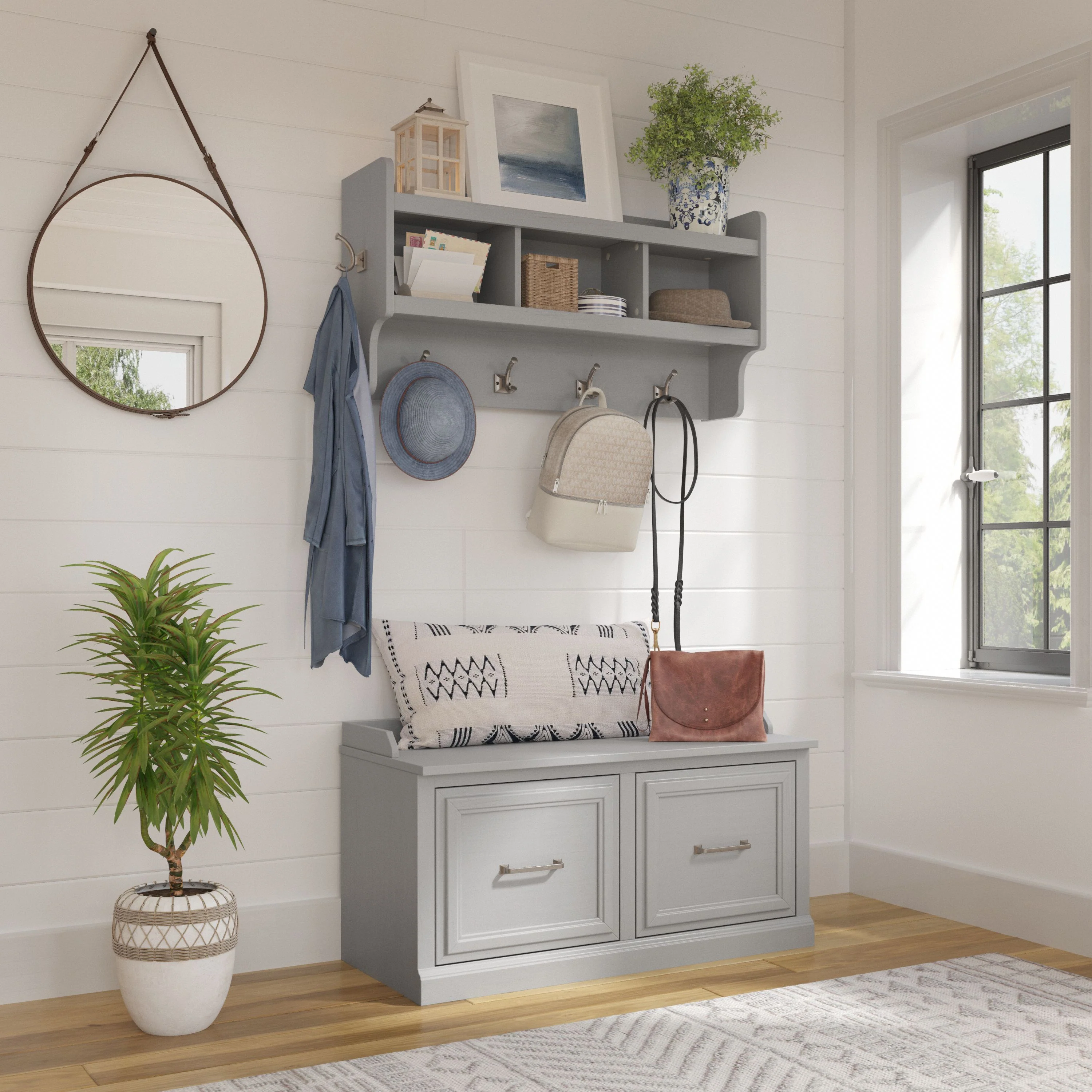 Woodland 40W Shoe Storage Bench with Doors and Wall Mounted Coat Rack