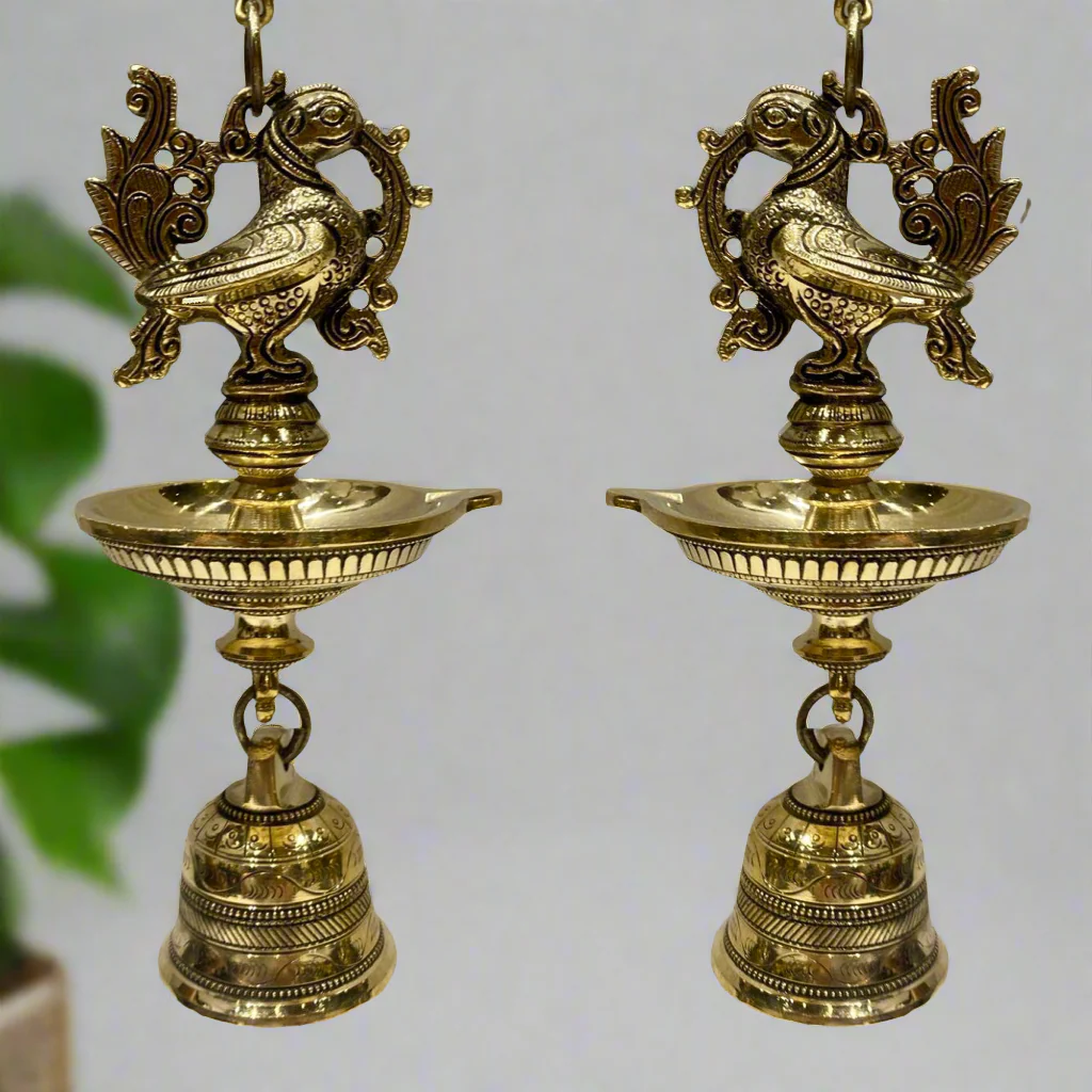 Annapakshi Hanging Diya Lamp With Bell Brass Festive Home Decor (Set of 2)