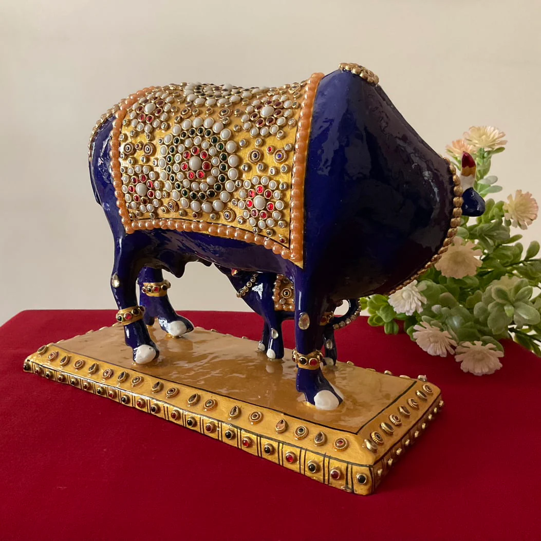 9 Inches Kamdhenu Cow and Calf Set Metallic Statue