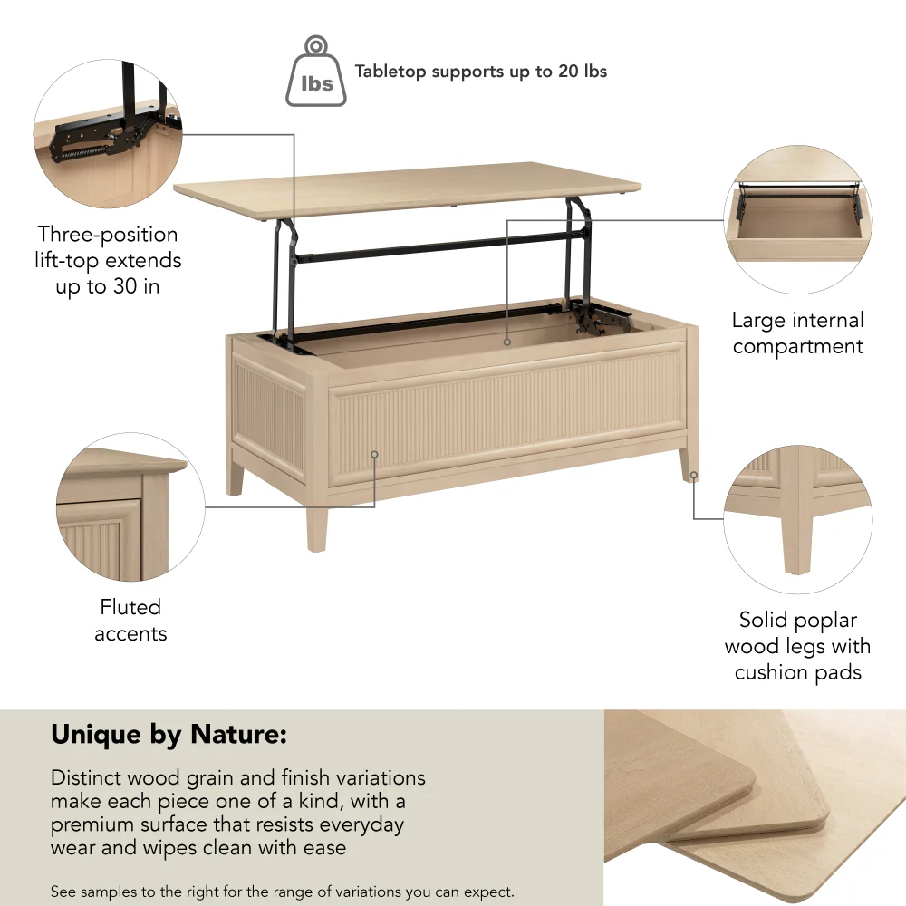 Bush Home Camille 47W Fluted Lift Top Coffee Table with Storage