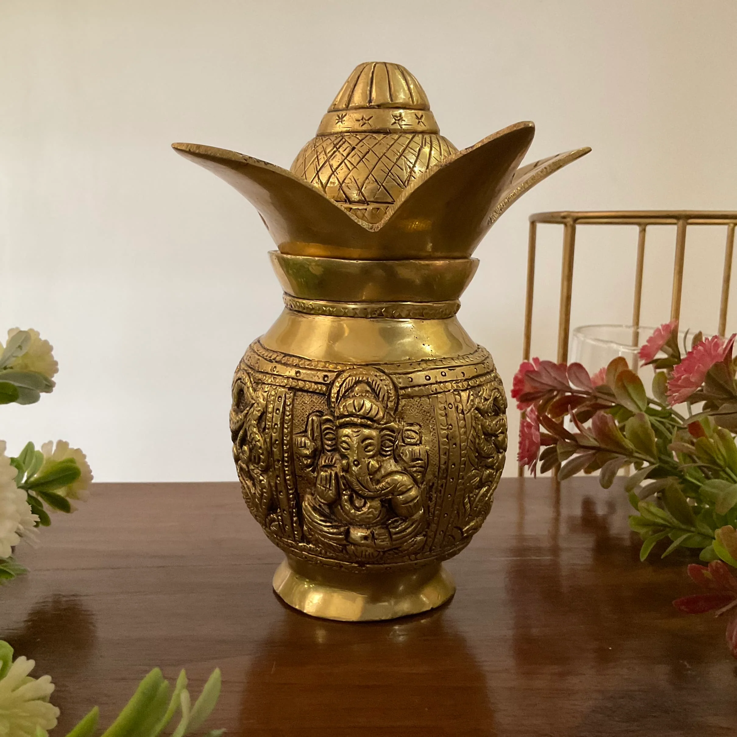 Lakshmi Ganesha Brass Kalash With Coconut For Pooja