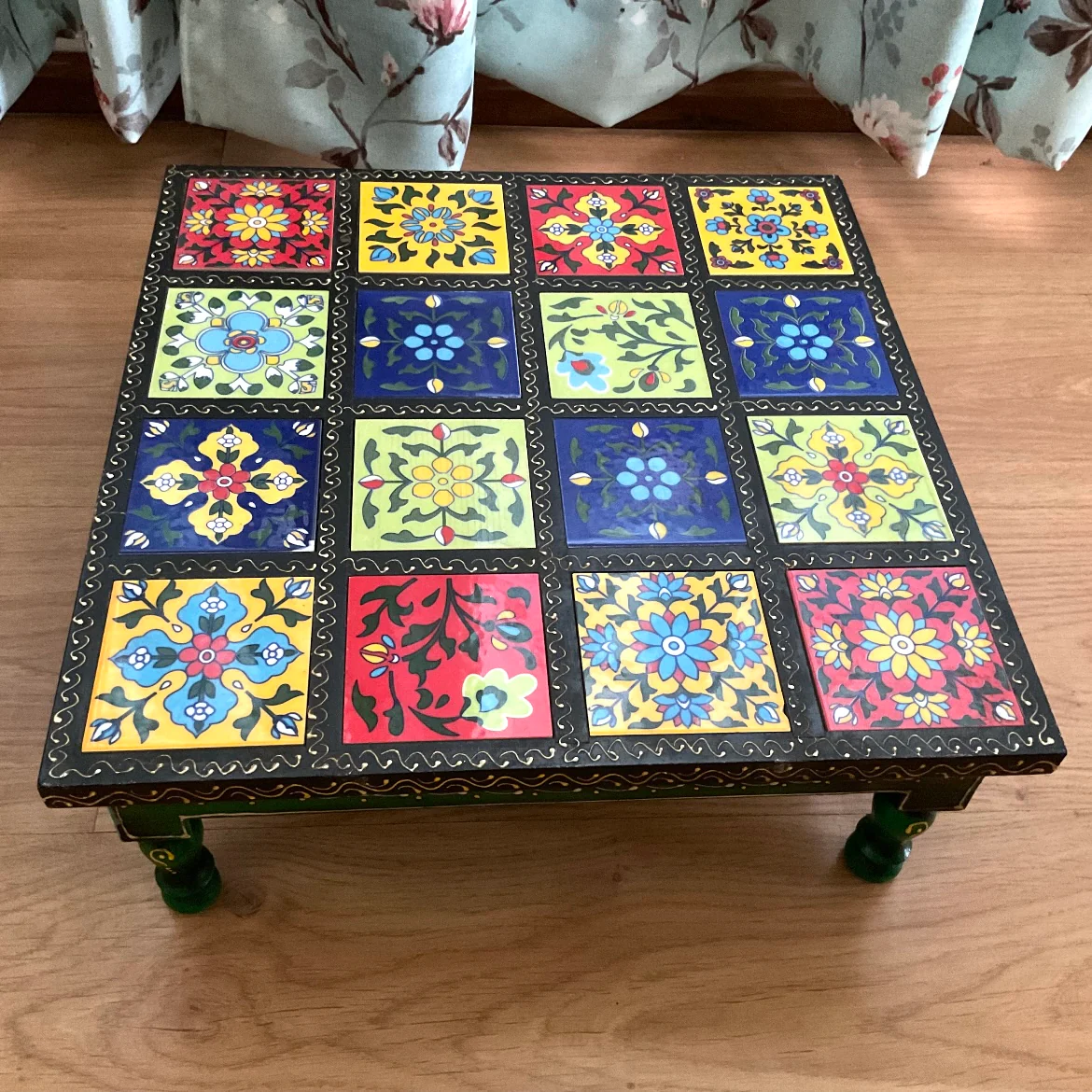 14 Inches Ceramic Tile Wooden Chowki For Idols And Pooja