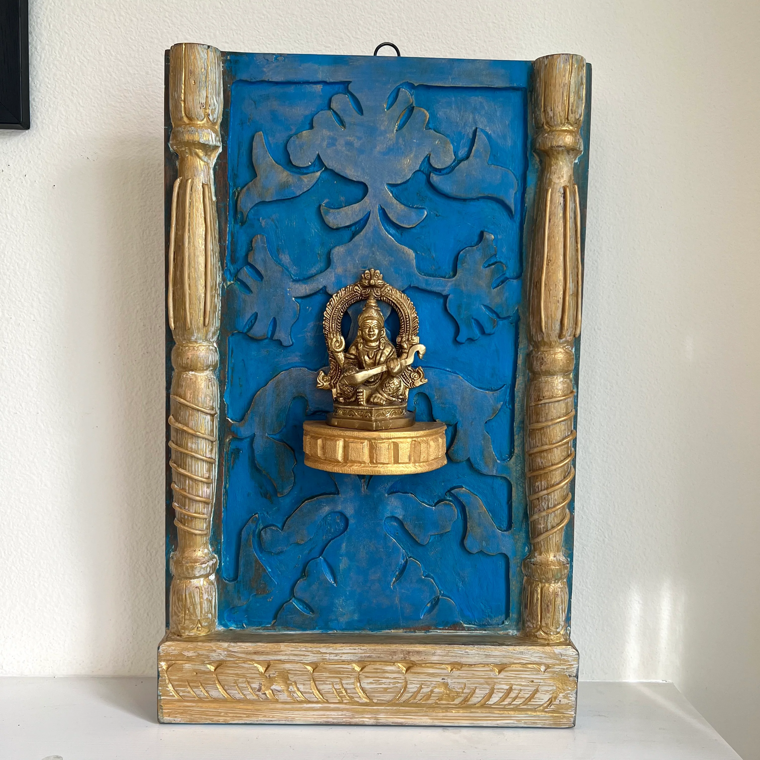 Brass Saraswati With Distressed Wooded Frame Wall Hanging - Decorative Wall decor