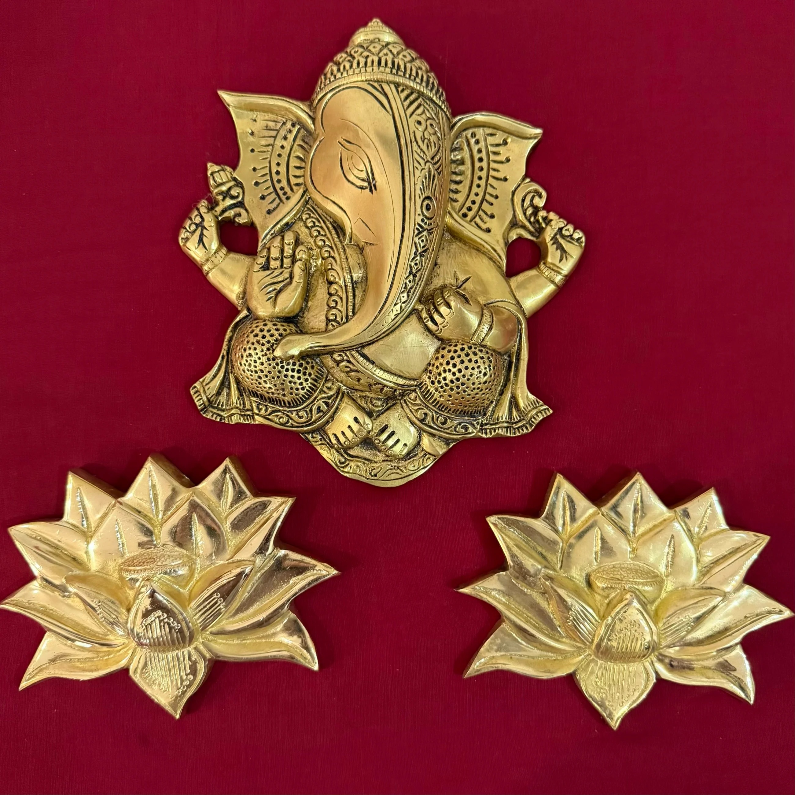 Brass Ganesha Lotus Wall Hanging (Set of 3)