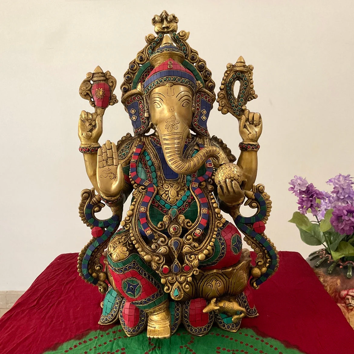 21 Inches Lord Ganesh Brass Idol With Stonework - Handcrafted Ganpati Decorative Statue for Home Decor - Housewarming Gift