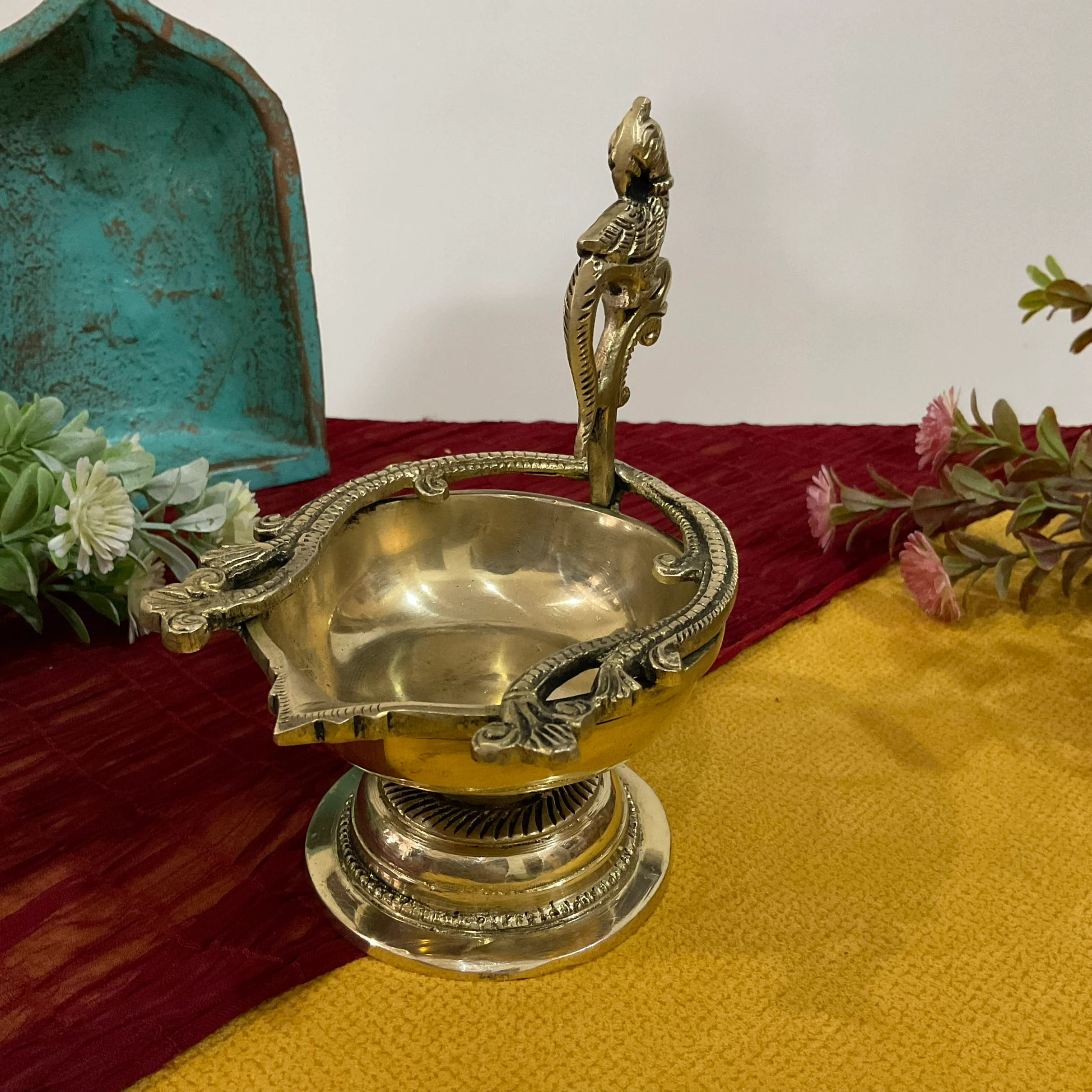 6 Inch Annapakshi Diya (Set of 2)- Handmade Brass lamp Pooja Decor