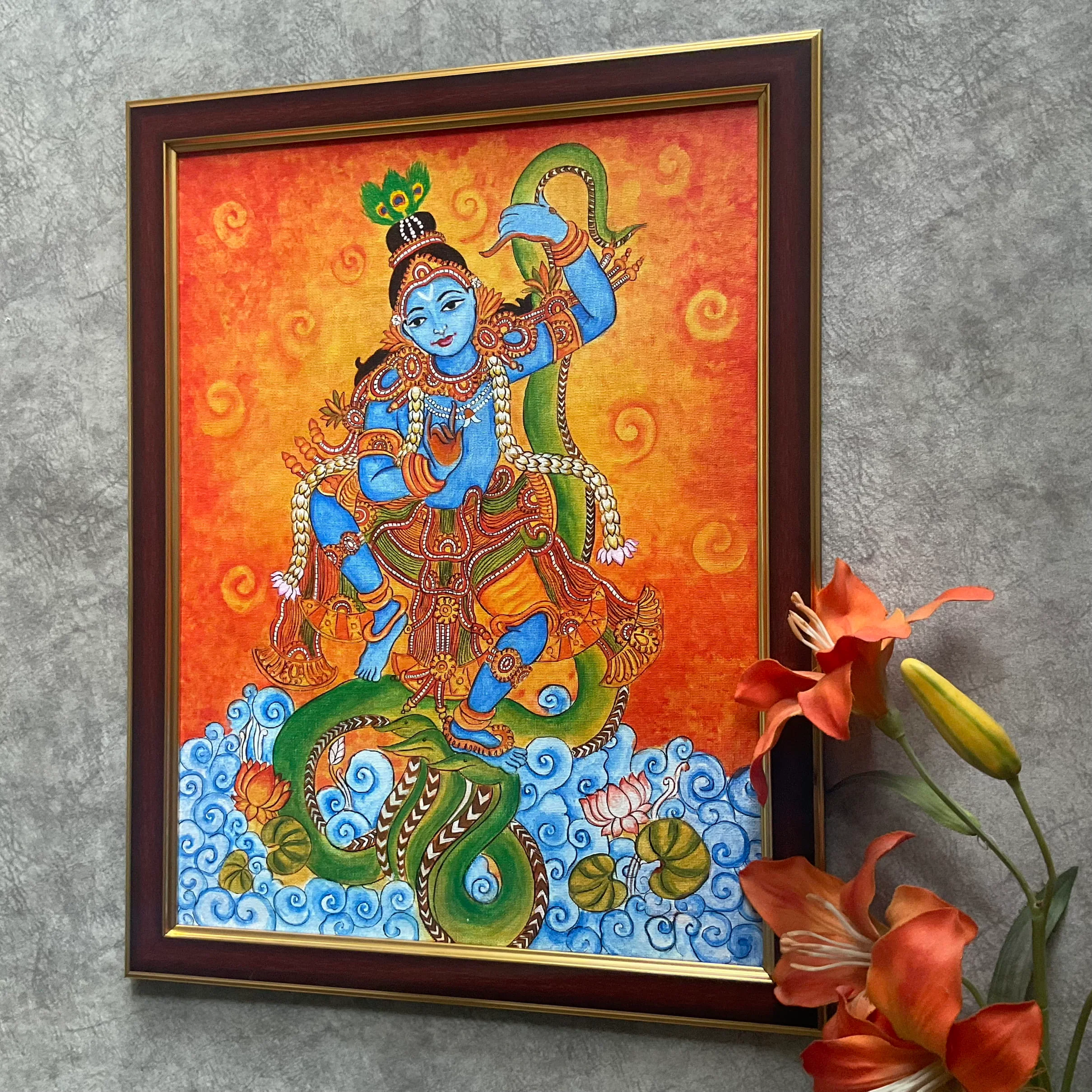 Lord Krishna Dancing On Snake Kerala Mural - Handpainted Wall Decor