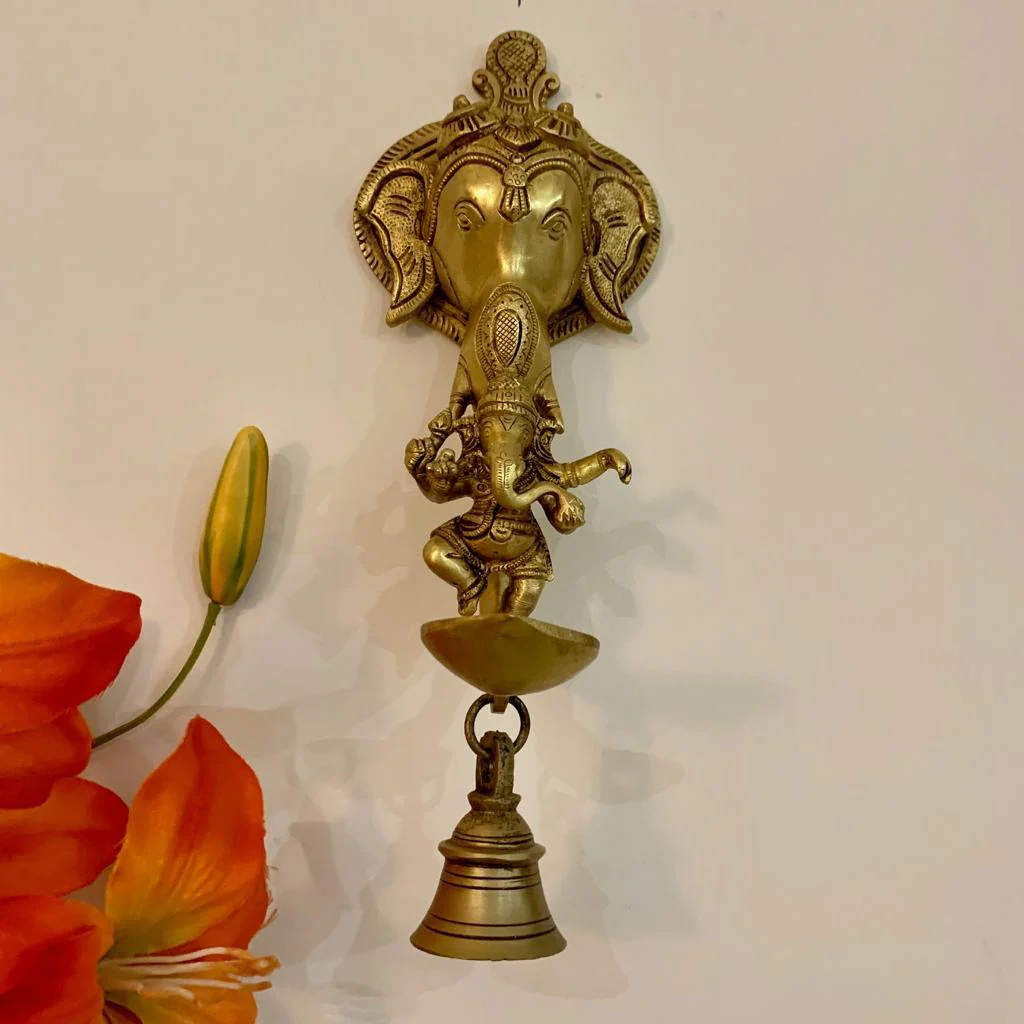 Lord Ganesh Brass Hanging Diya and bell (Set of 2) - Traditional Home Decor