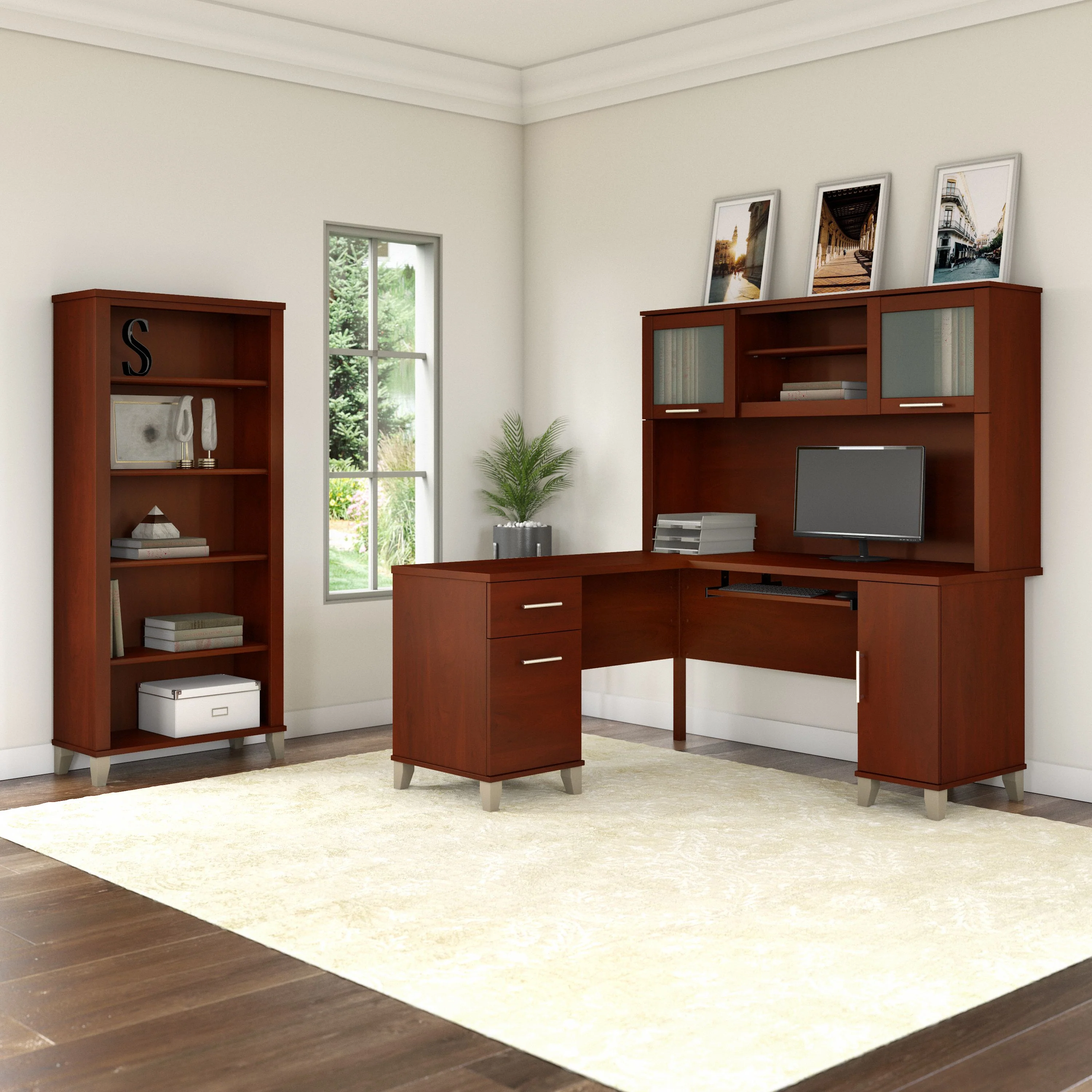 Somerset 60W L Shaped Desk with Hutch and 5 Shelf Bookcase