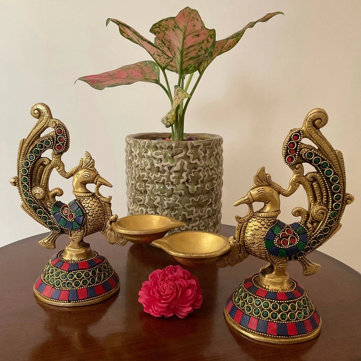 Dancing Peacock Diya With Stonework (Set of 2) - Handmade Brass lamp -  Brass Diya For Pooja