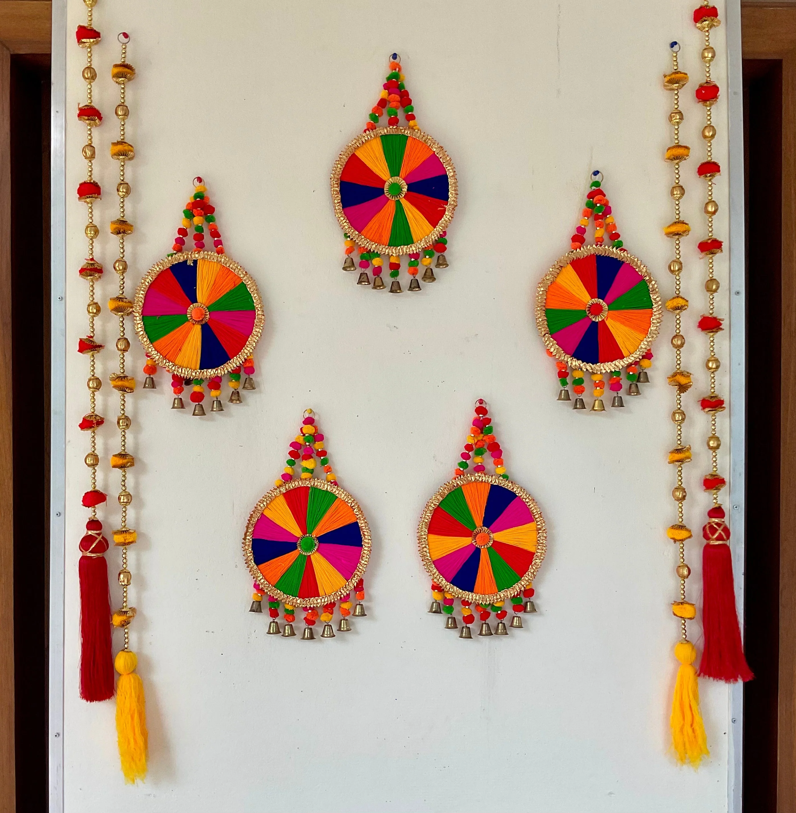 Colourful Round Hanging With Red & Yellow Tassels (Set of 9) - Festive Decoration Wall Hanging