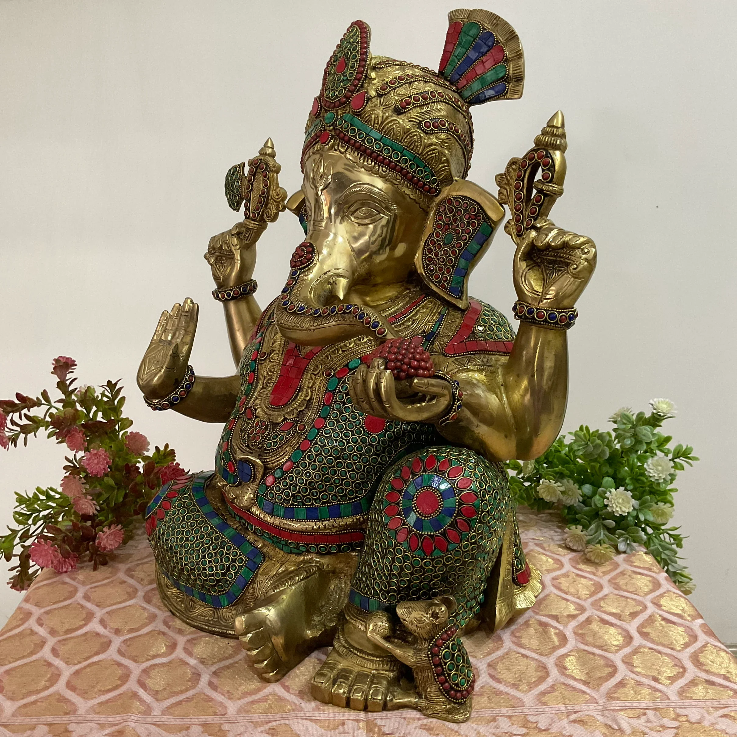 Big Ganesha Statue of Home Entrance Decor Idol - Brass Stonework Murti