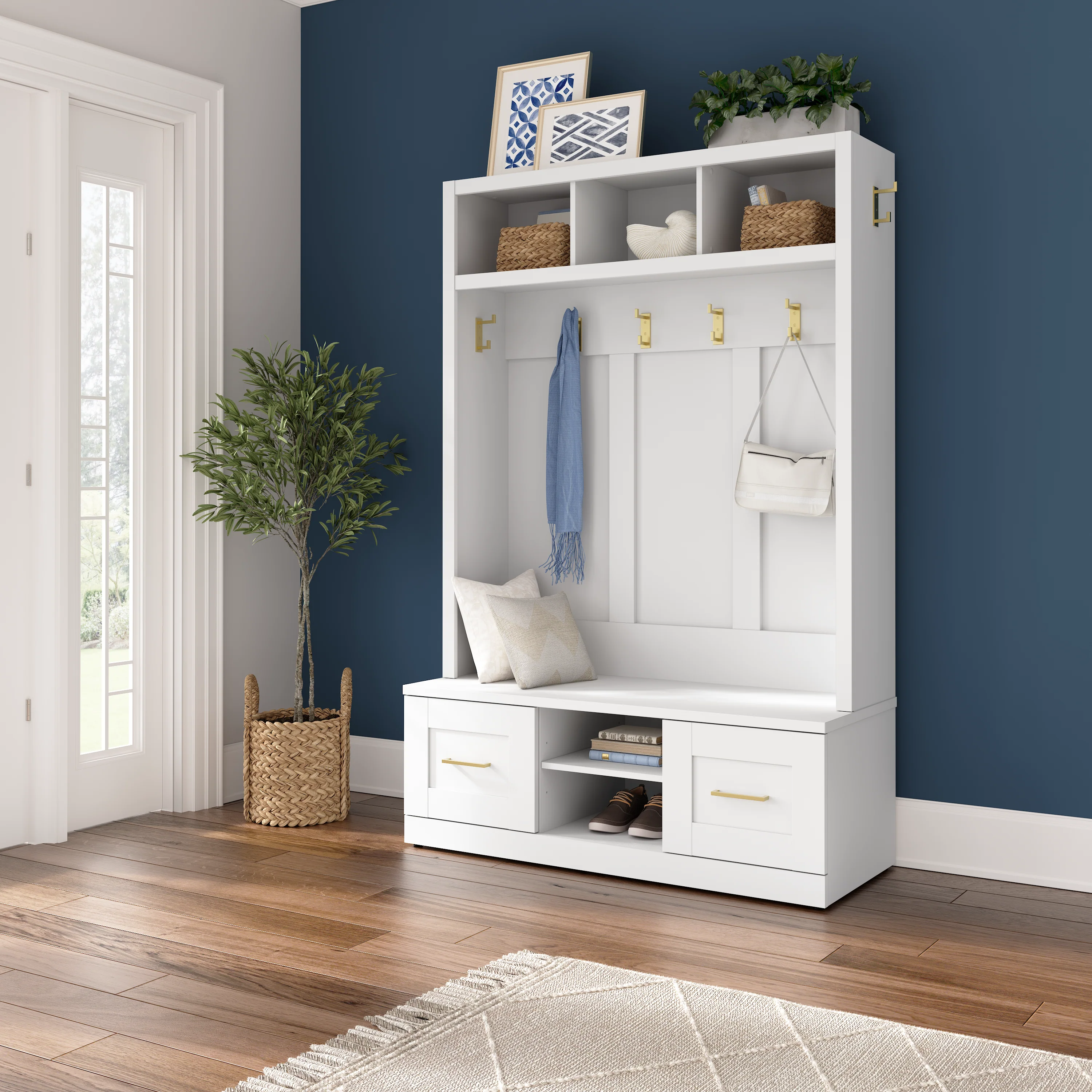Hampton Heights Entryway Storage Set with 48W Hall Tree and Shoe Bench with Doors