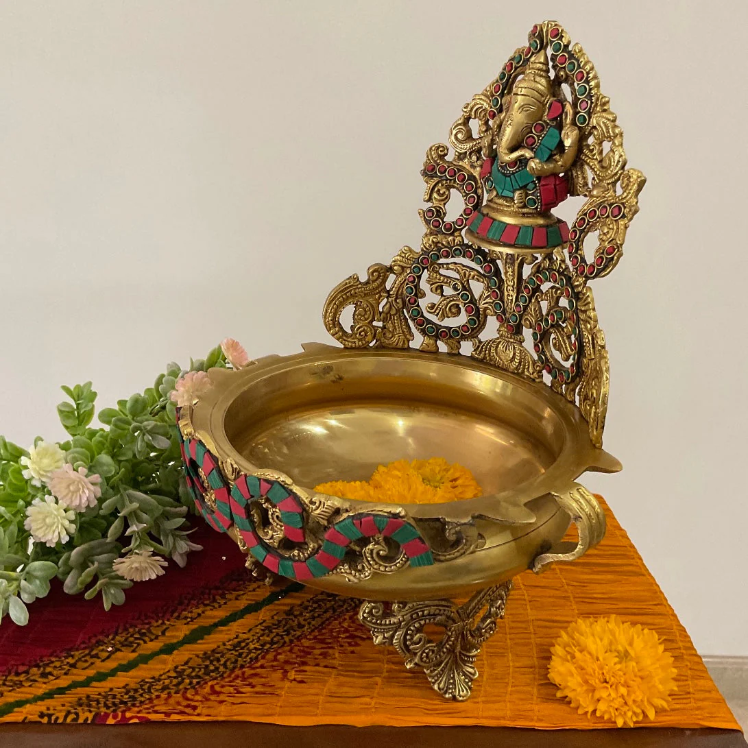 12.5 Inches Urli With Lord Ganesha Brass Stonework - Ganpati Urli Bowl Festive Home Decor