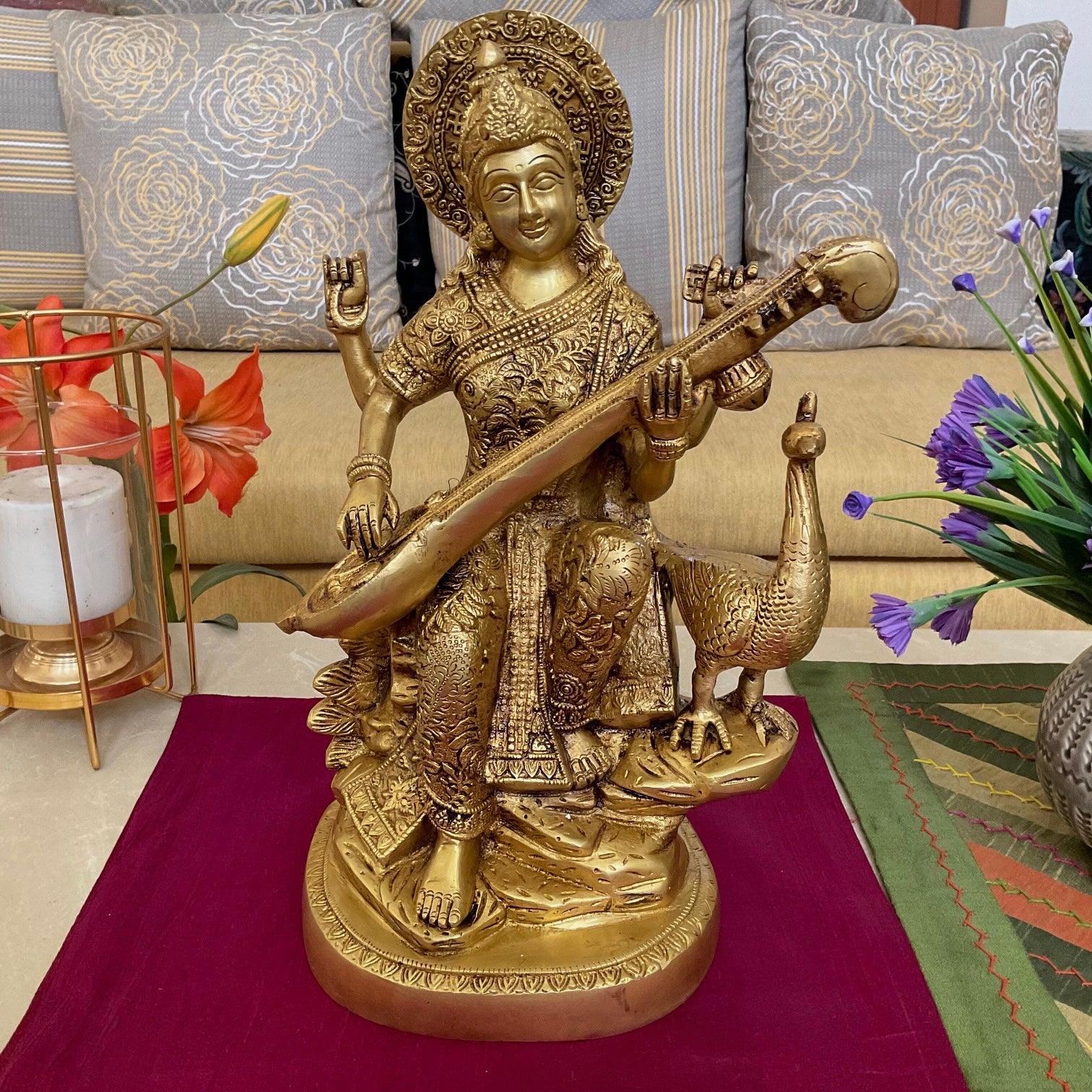 15 Inches Goddess Saraswati Brass Idol - Decorative Statue