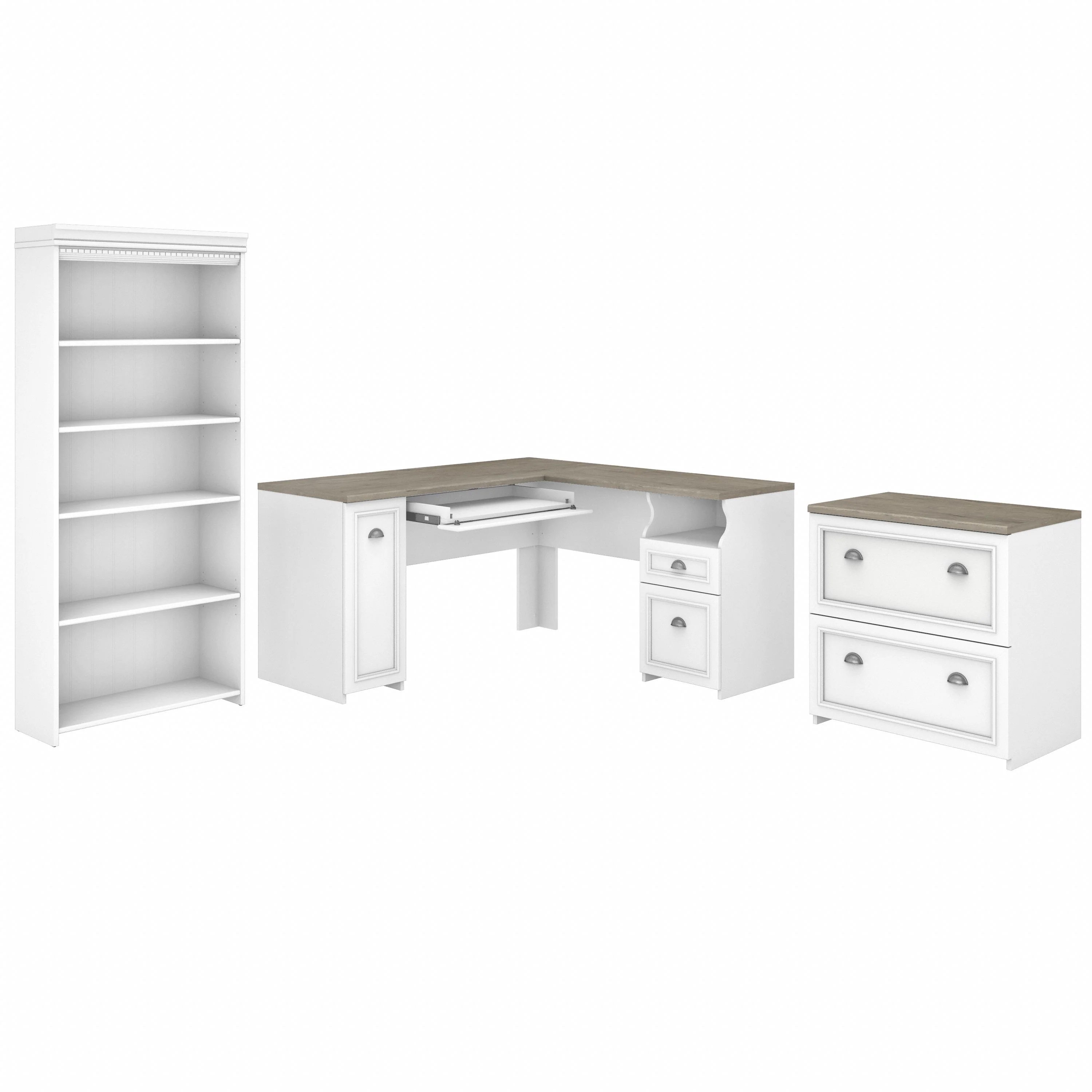 Fairview 60W L Shaped Desk with Lateral File Cabinet and 5 Shelf Bookcase